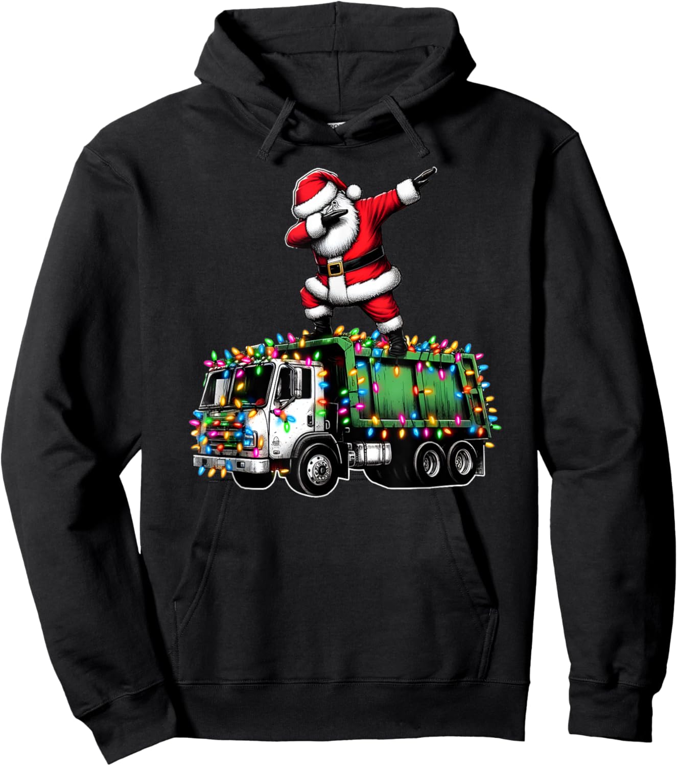 Dabbing Santa Garbage Truck Funny Christmas Lights Graphic Hoodie - Hoodie | Black