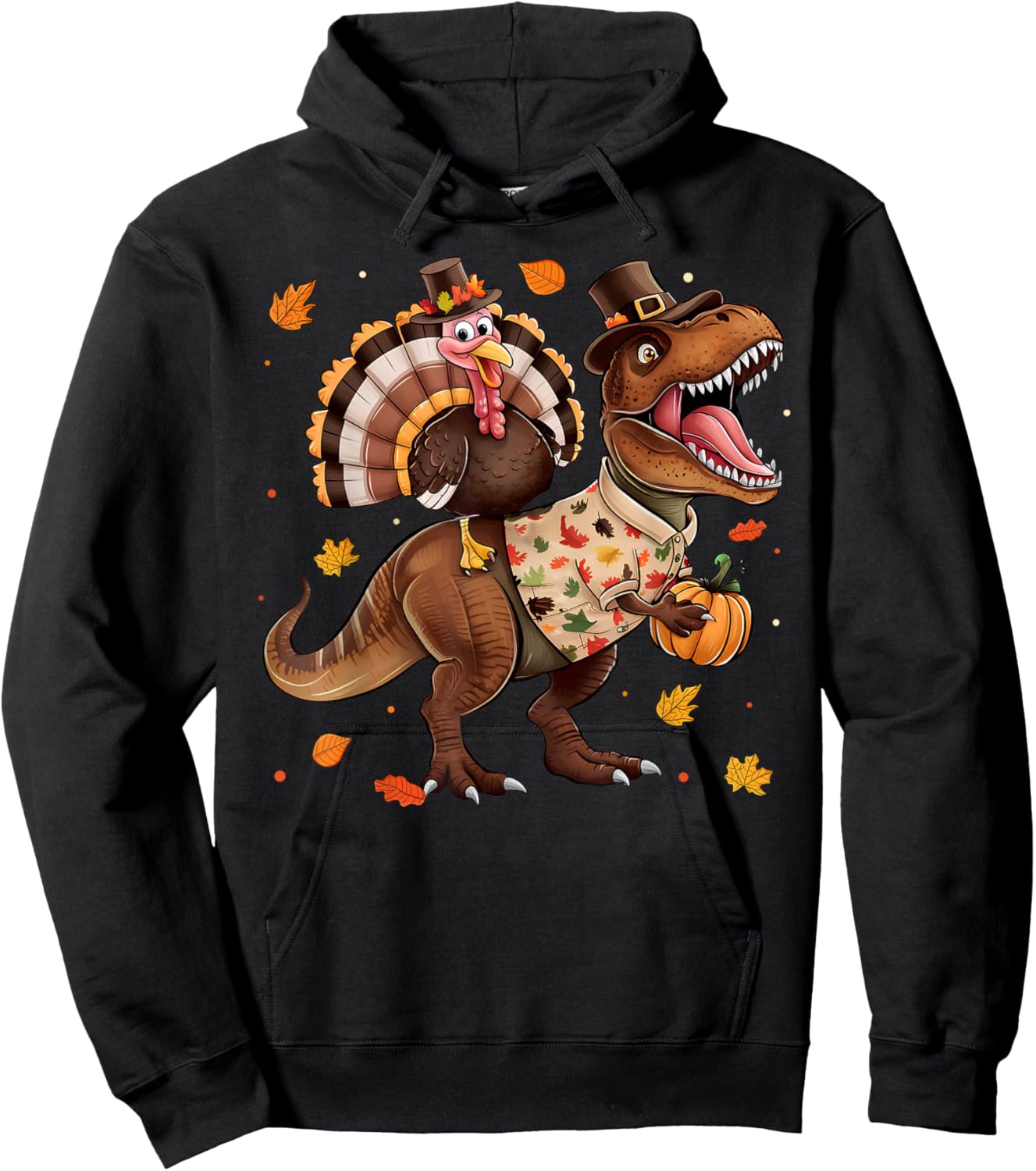 Funny Turkey Riding Dinosaur T rex Thanksgiving Boys Kids Hoodie - Hoodie | Black