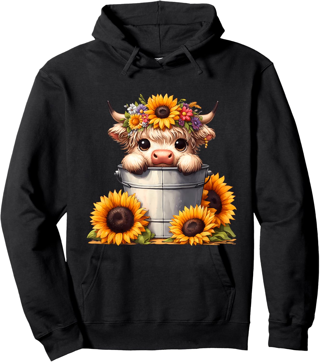 Cute Baby Highland Cow with Sunflowers in Bucket, Calf Hoodie - Hoodie | Black
