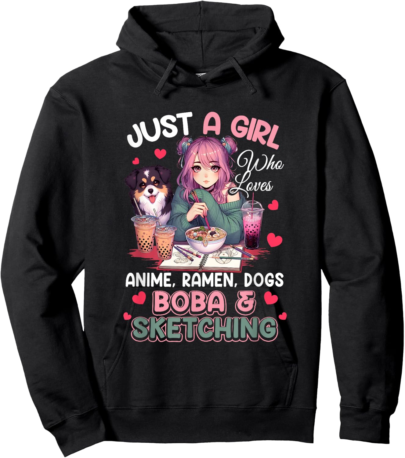 Just Girl Who Loves Anime Ramen Dogs Boba Sketching Japan Hoodie - Hoodie | Black