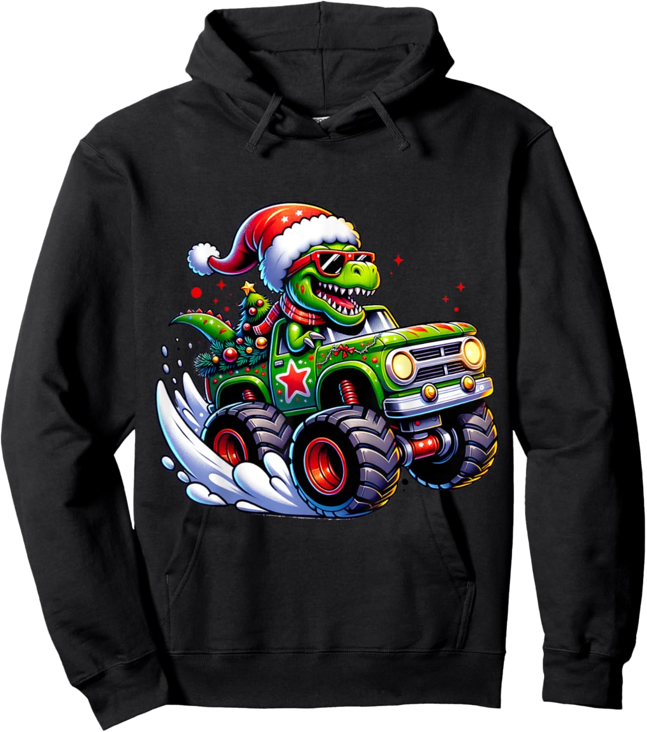 Christmas T Rex Monster Truck Boys Dinosaur Santa Xmas Funny Hoodie - Hoodie | Black