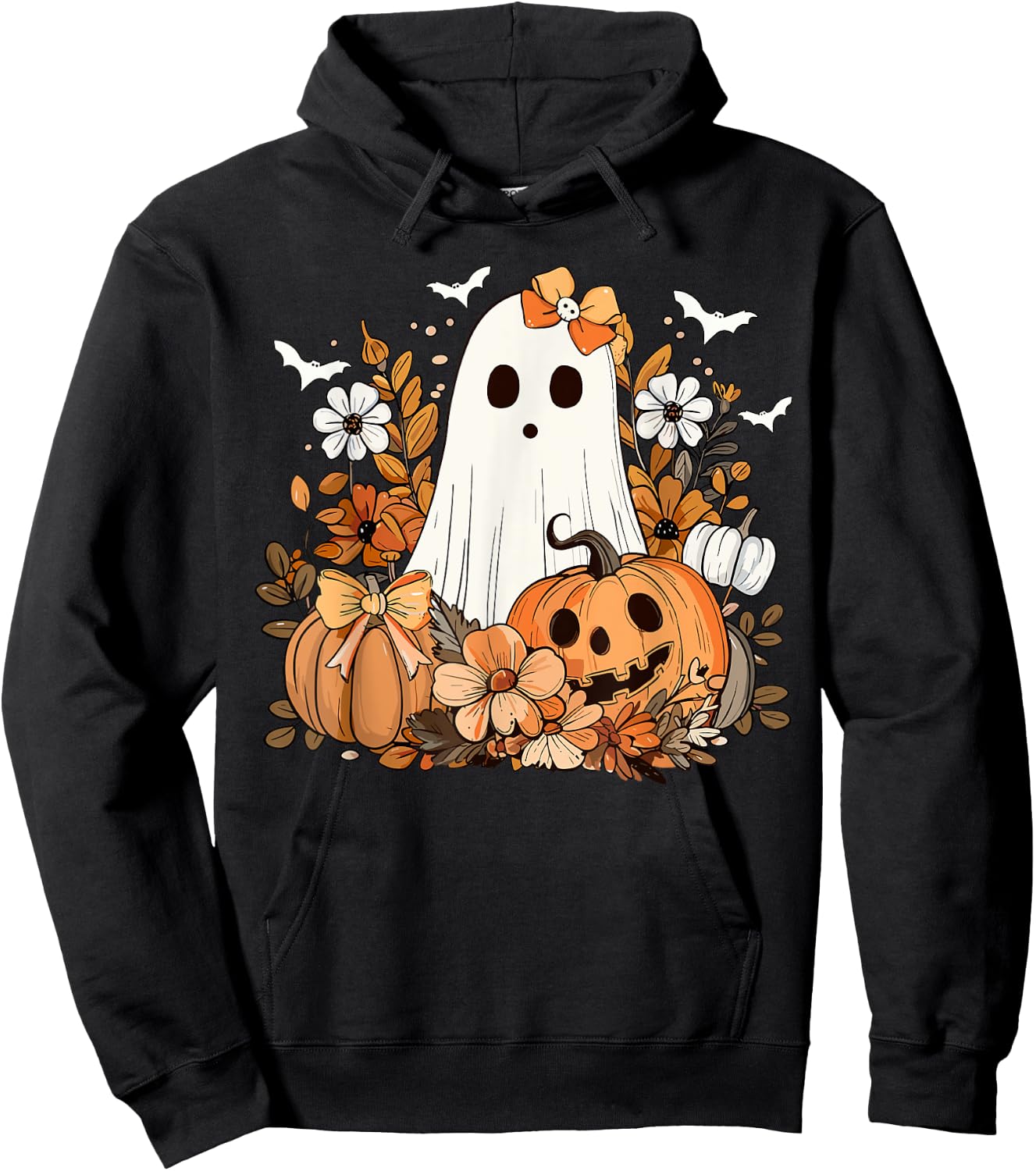 Retro Floral Ghost Cute Pumpkin Autumn Halloween Women Kids Hoodie - Hoodie | Black