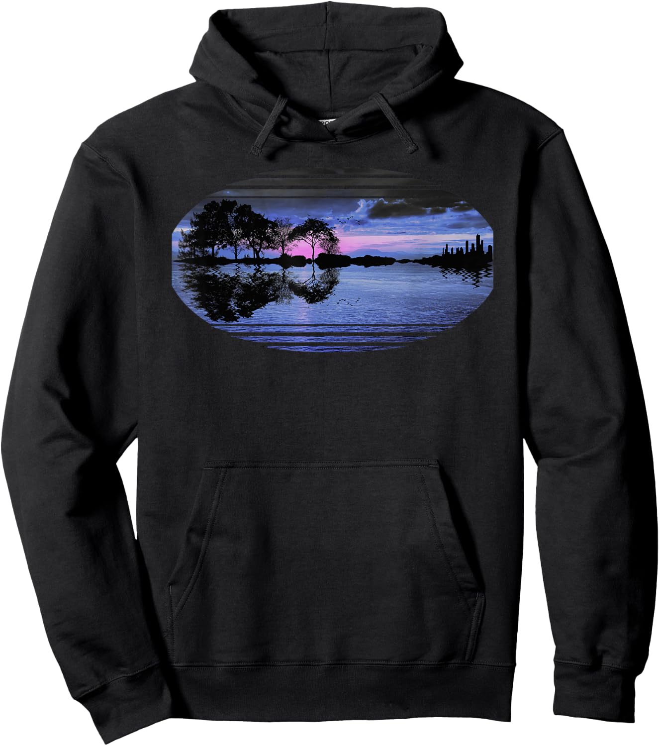 Guitar Sunset Sky Trees City Lake Reflection Stylish Design Hoodie - Hoodie | Black