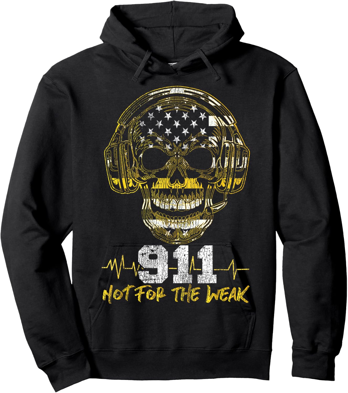 911 Dispatcher Thin Gold Yellow Line American Flag Skull Xxx Hoodie - Hoodie | Black