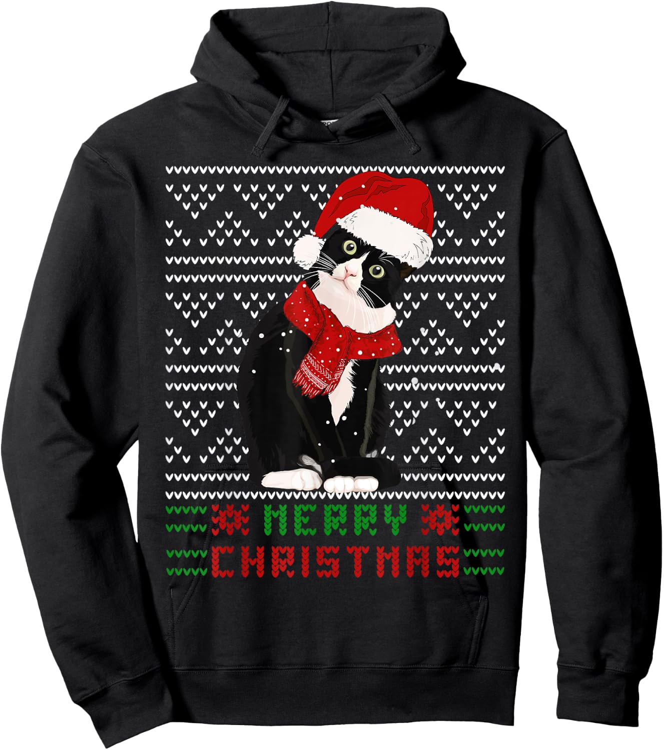 Ugly Christmas Black Cat Santa Hat Scarf Cute Tuxedo Cat Men Women Kids Hoodie - Hoodie | Black