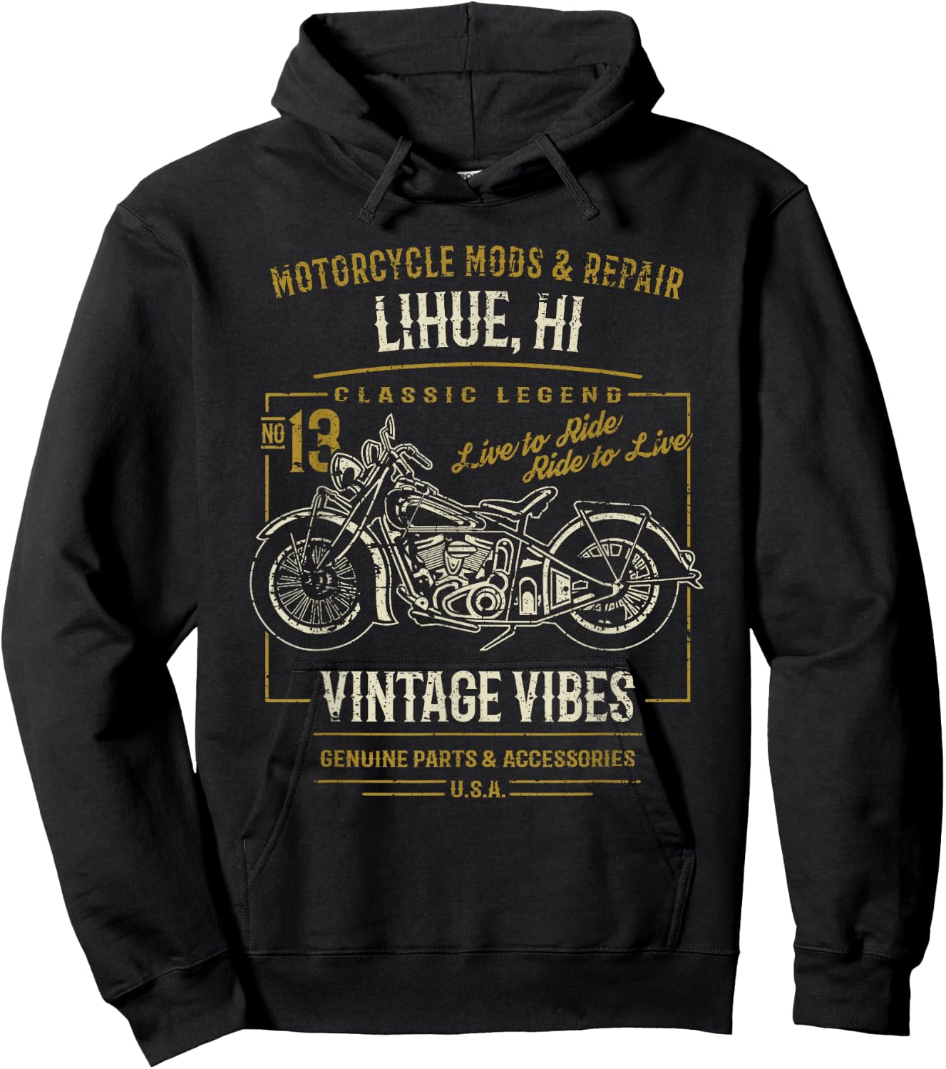 Lihue Hawaii USA Retro Distressed Style Motorcycle Design Hoodie - Hoodie | Black