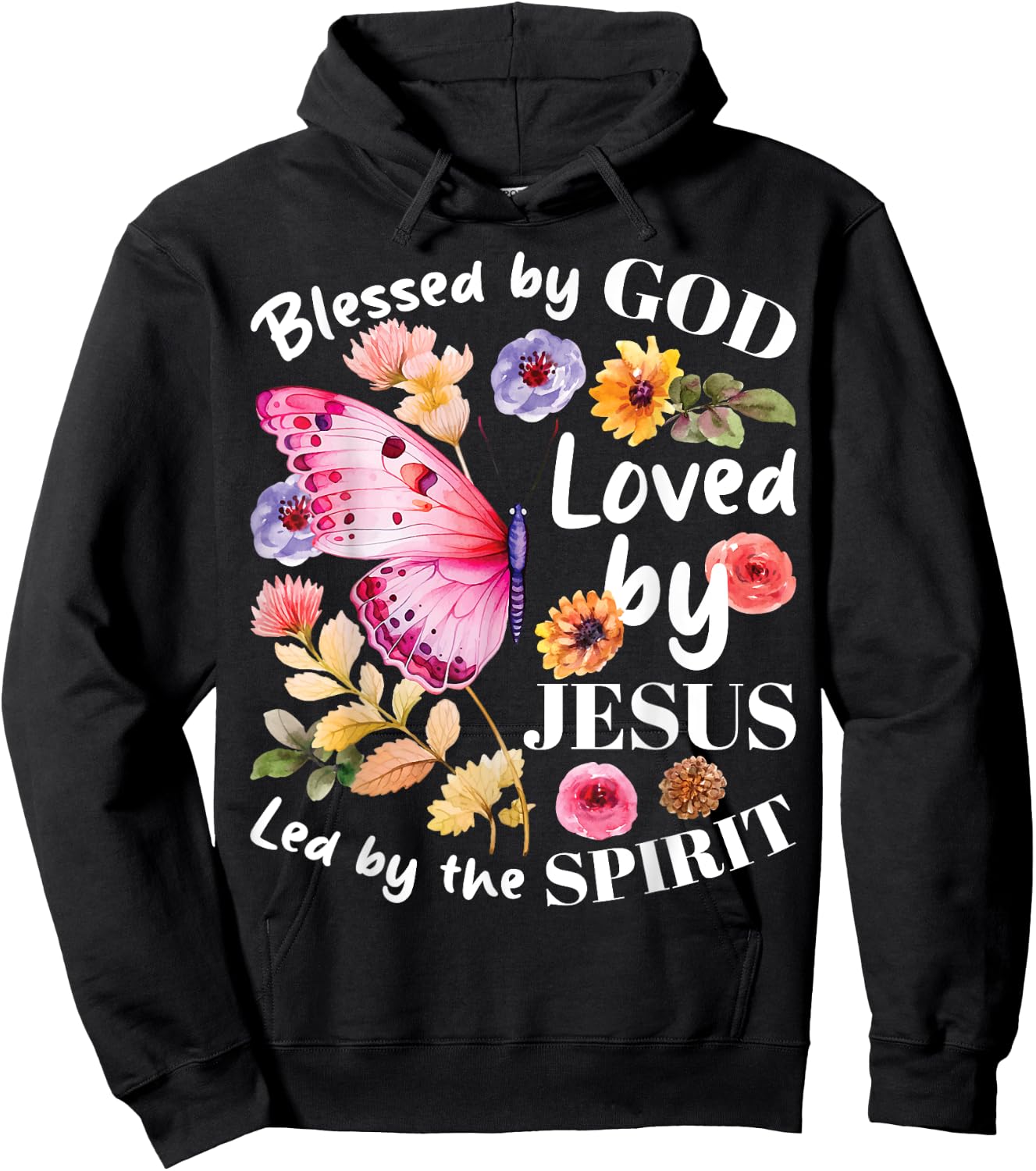 Christian Blessed by God Loved by Jesus Floral Butterfly Hoodie - Hoodie | Black