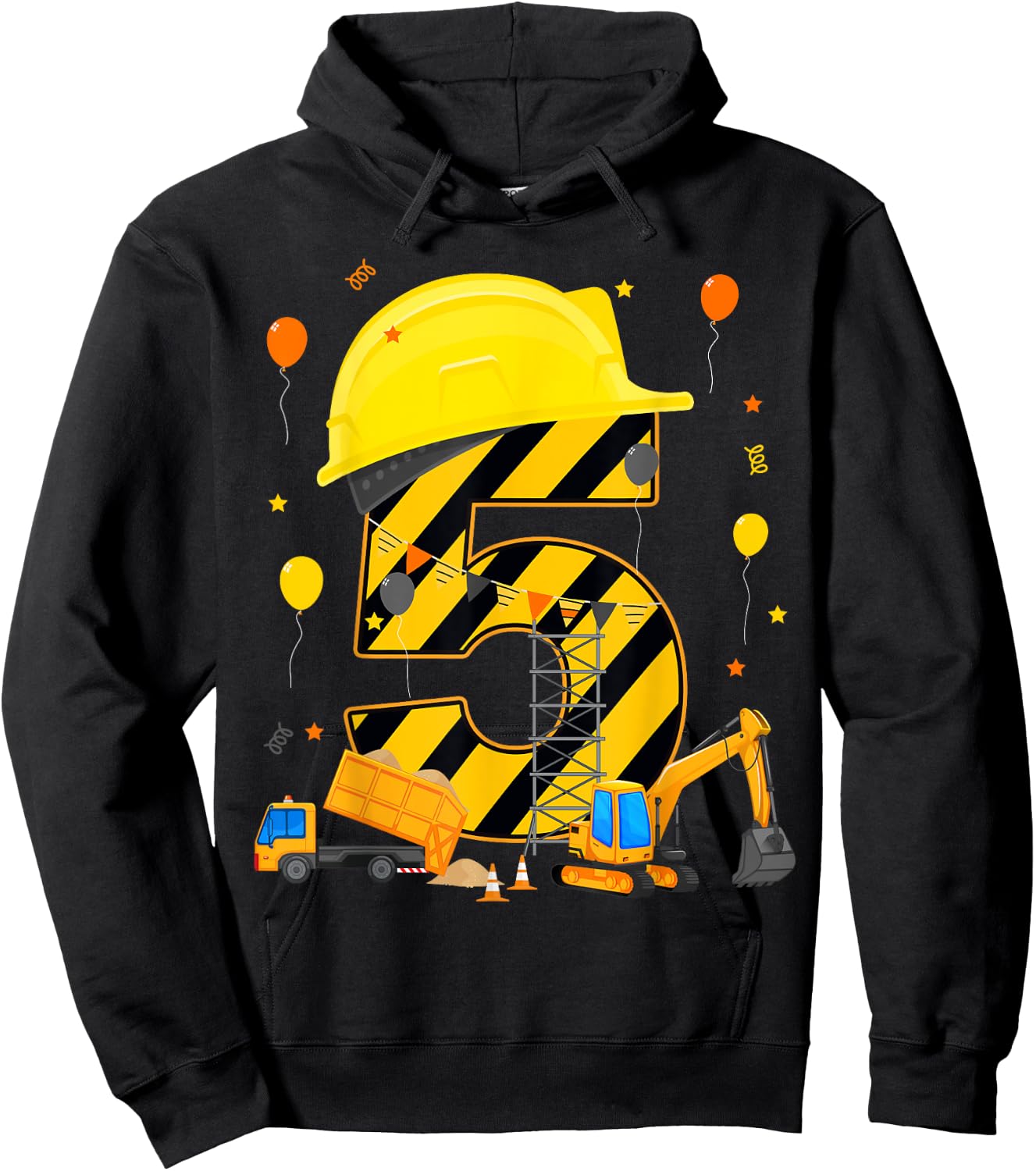 Five 5yr 5th Birthday Construction Vehicles 5 Year Old Hoodie - Hoodie | Black