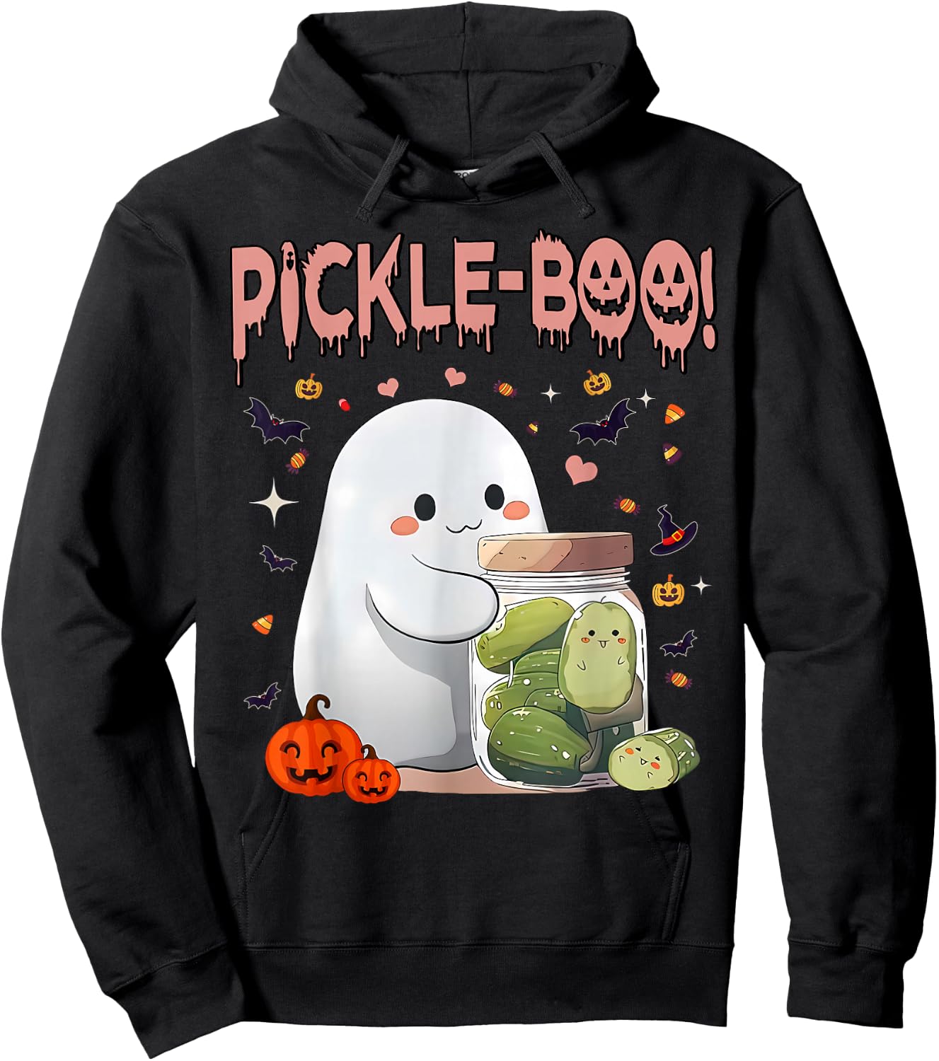 Vintage Kawaii Pickle Boo Ghost Halloween Spooky Season Hoodie - Hoodie | Black