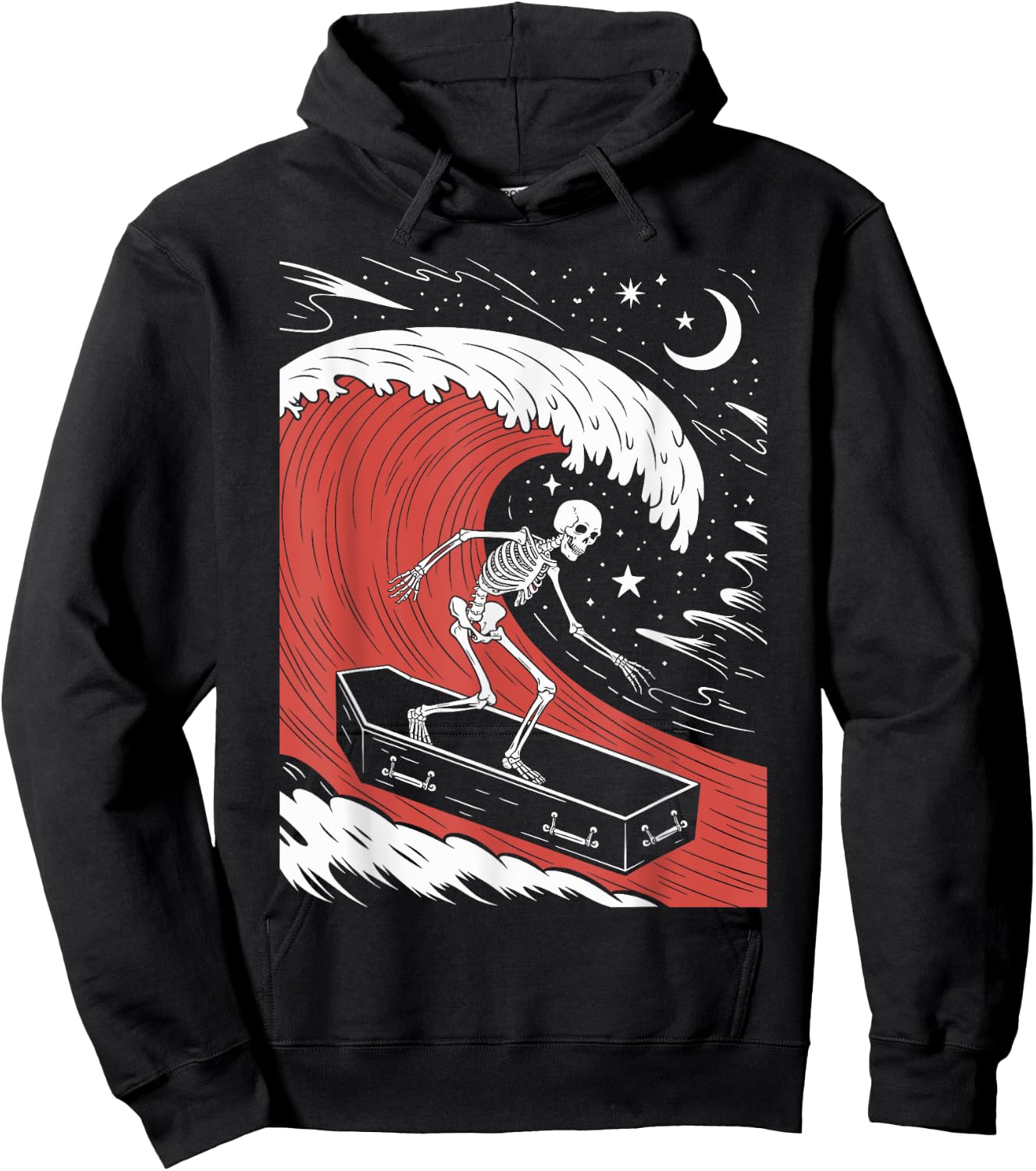 Funny Skeleton Surfing With a Coffin Spooky Halloween Surfer Hoodie - Hoodie | Black