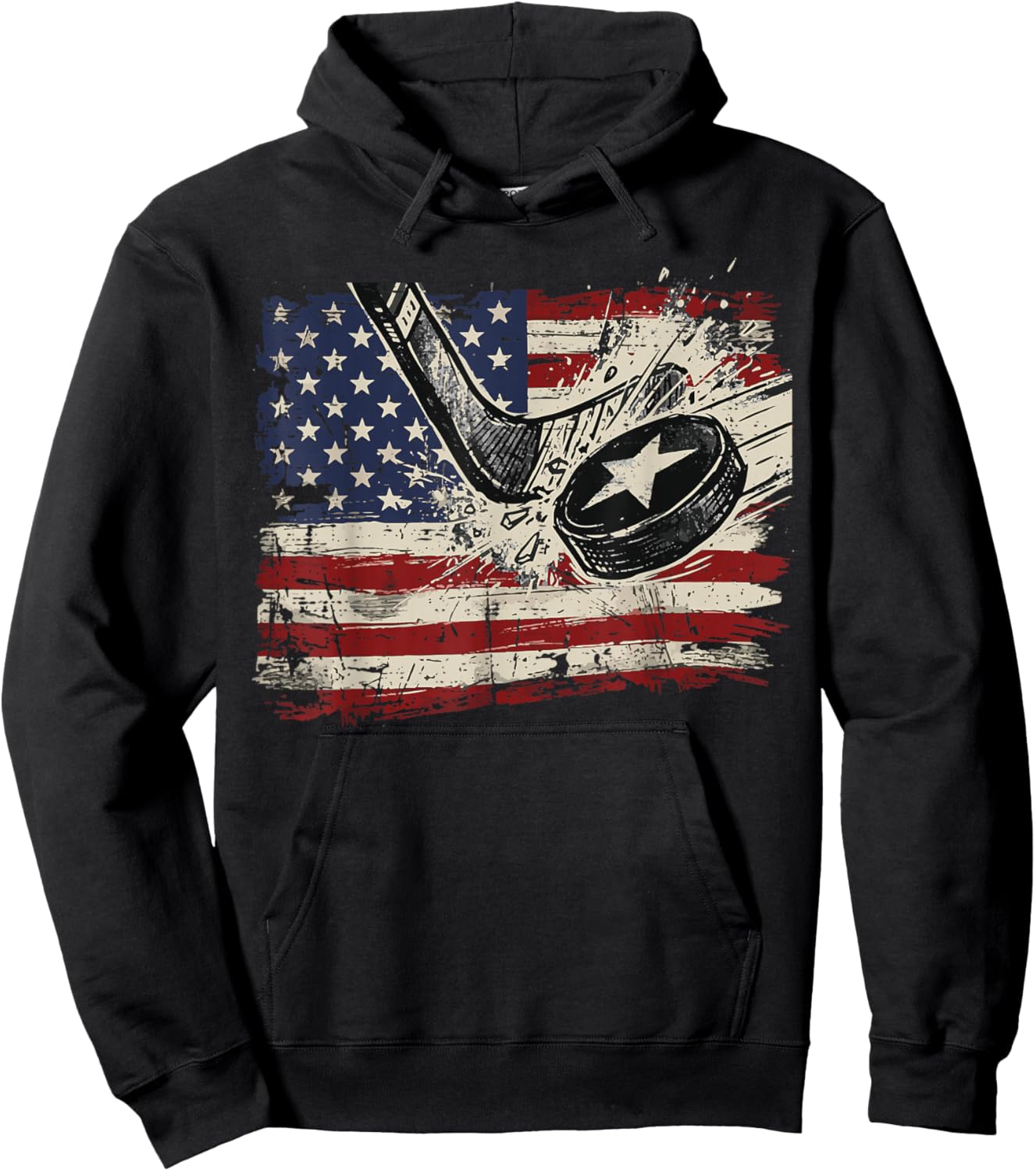 4th of July Ice Hockey Puck US Flag Patriotic Men Boys Kids Hoodie - Hoodie | Black