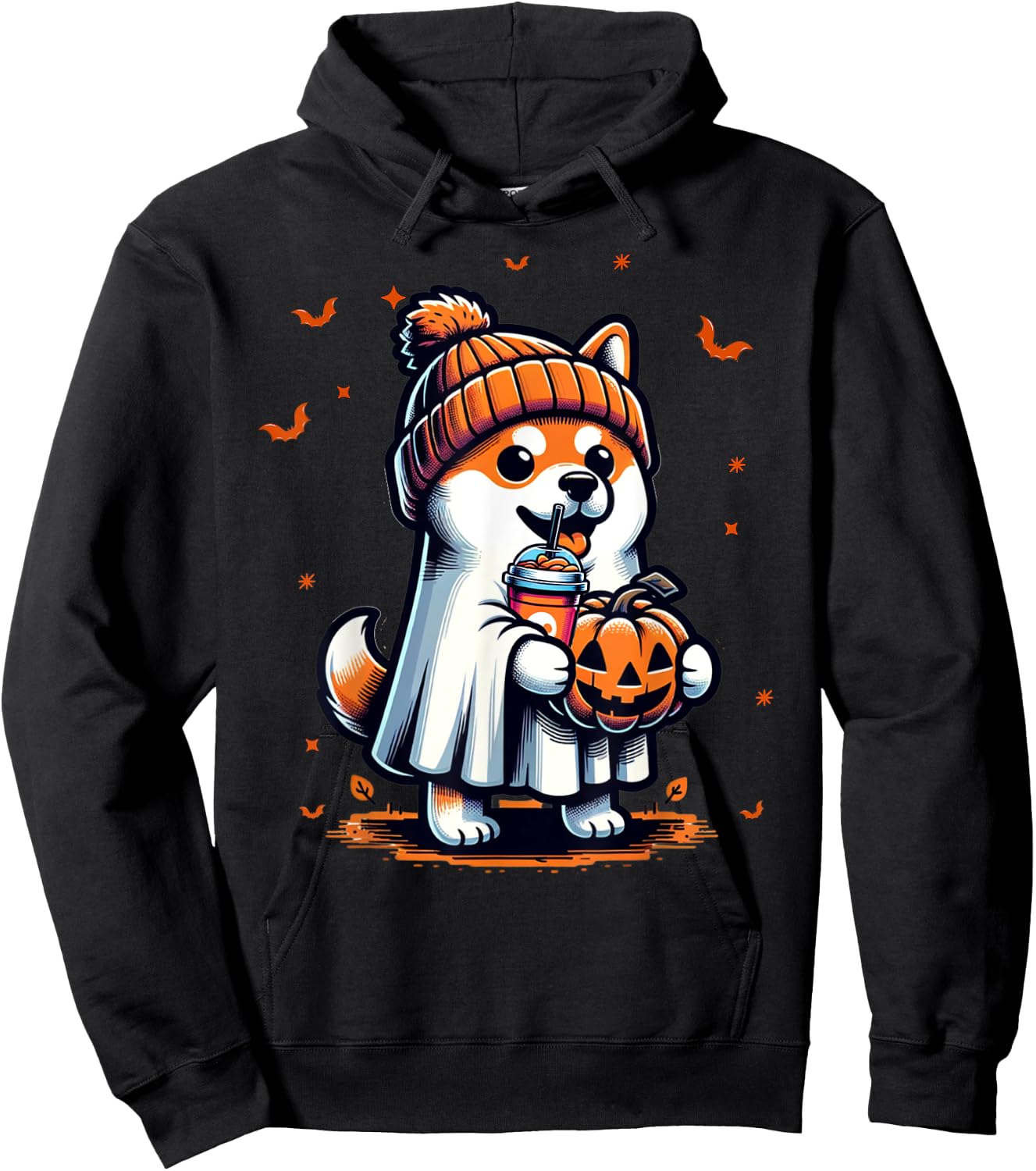 Ghost Shiba Inu Dog Pumpkin Drinks Beanie Fall Halloween Women Kids Hoodie - Hoodie | Black