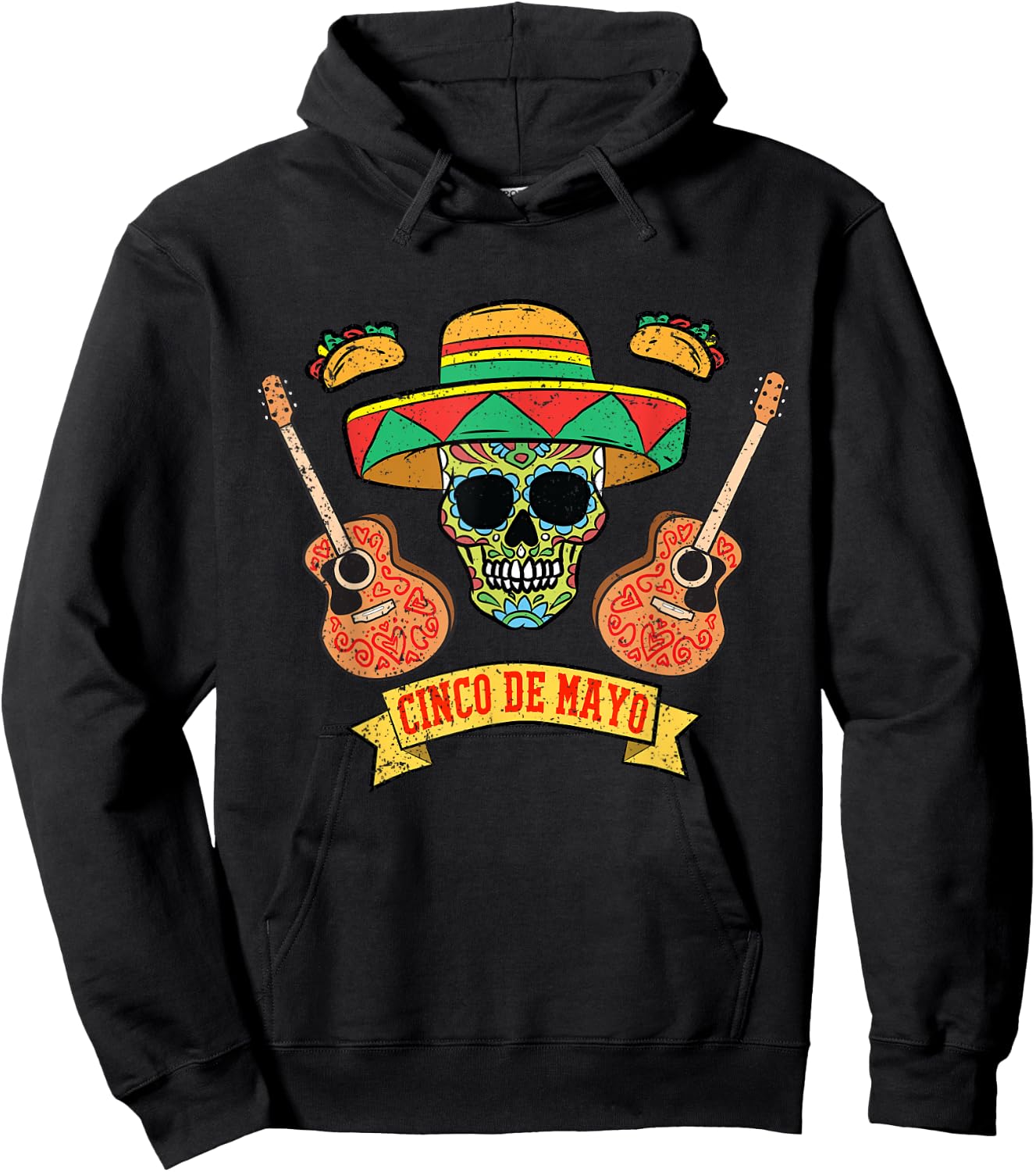 Sugar Skull Mariachi Cinco De Mayo Mexican Sombrero Taco Hoodie - Hoodie | Black