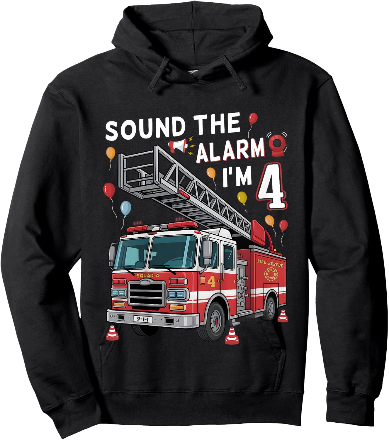 4th Birthday Boy Fire Truck 4 Year Old Boy Girl Firefighter Hoodie - Hoodie | Black