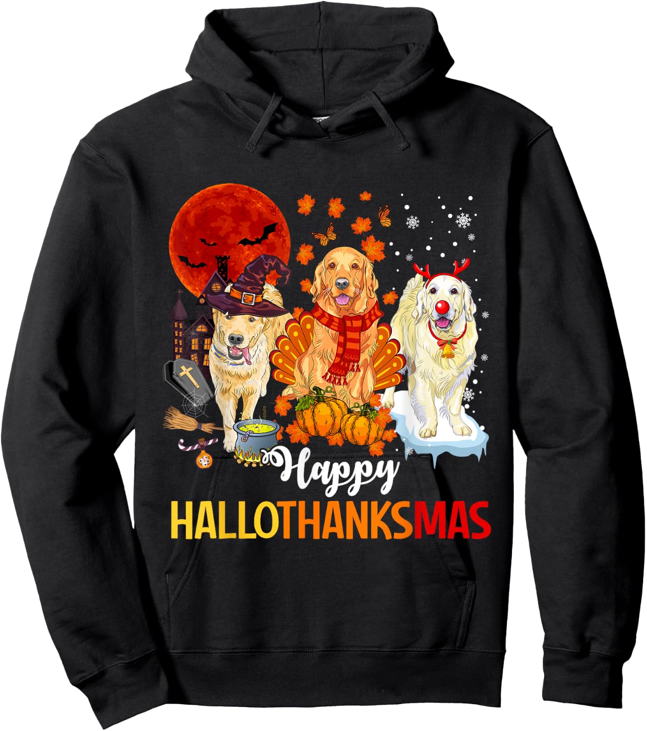 Golden Retriever Happy Hallothanksmas Halloween Thanksgiving Hoodie - Hoodie | Black