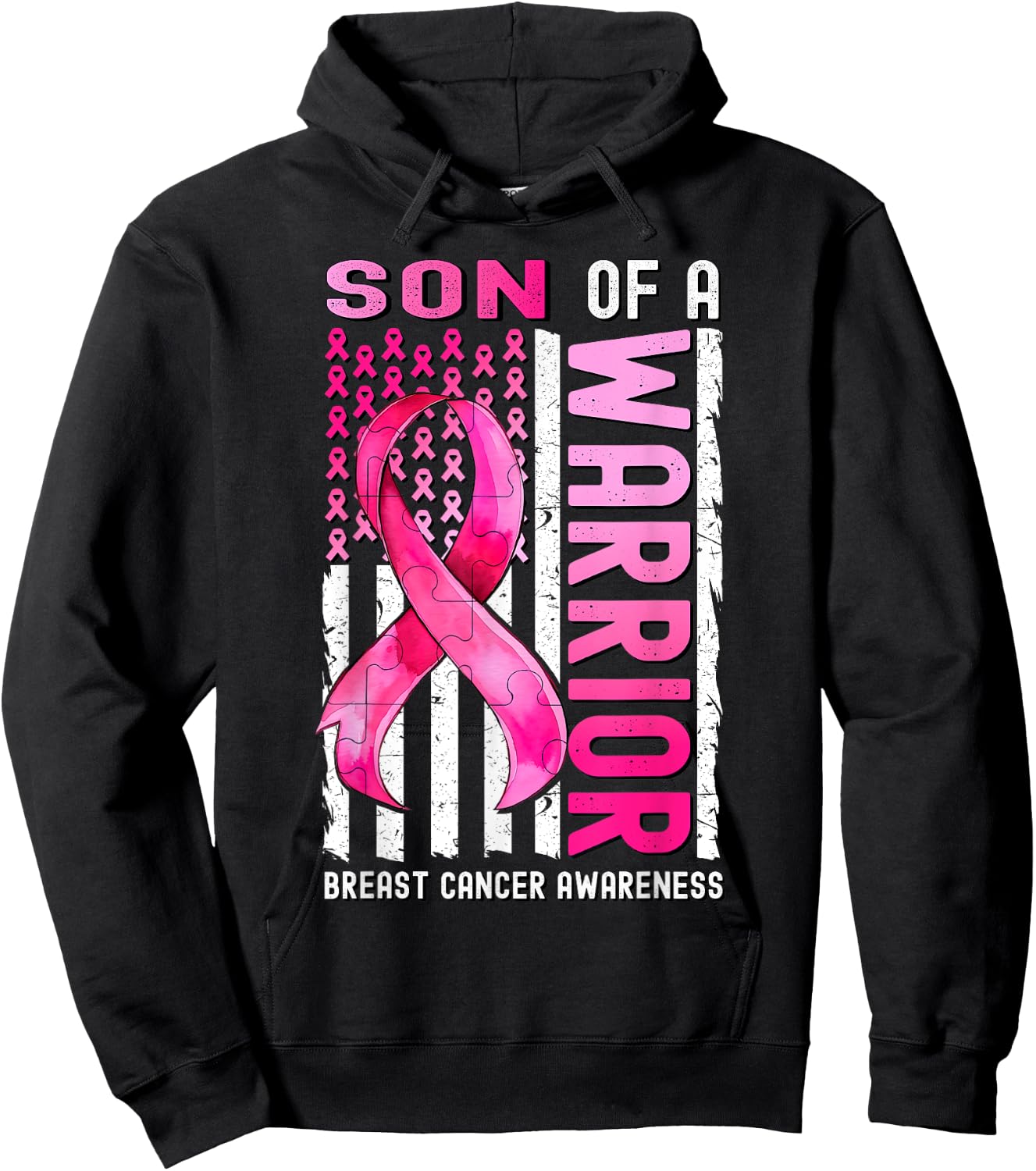 Son Of A Warrior Breast Cancer USA Flag Awareness Pink Hoodie - Hoodie | Black