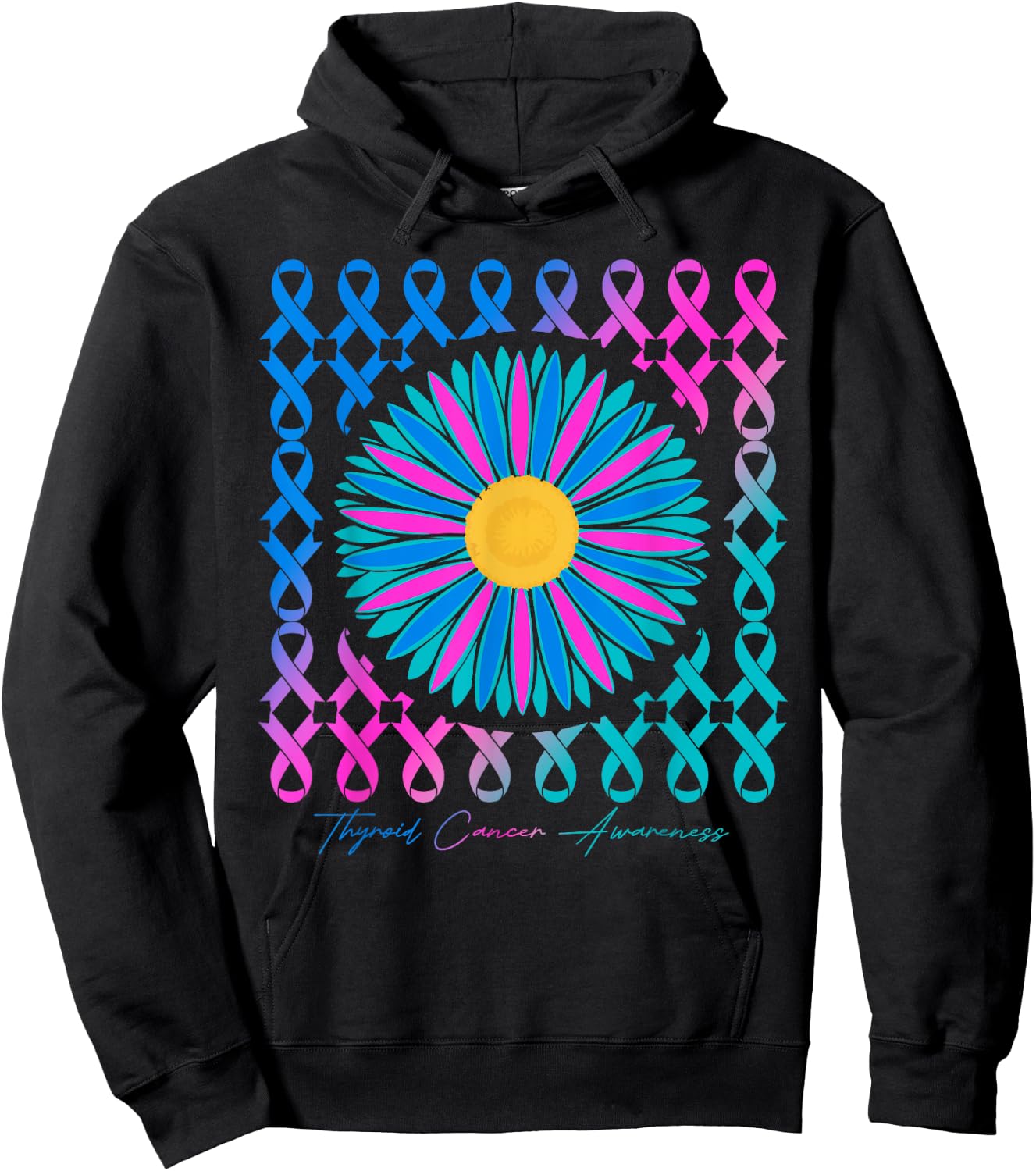 Thyroid Cancer Awareness Teal Pink Blue Ribbons Hoodie - Hoodie | Black