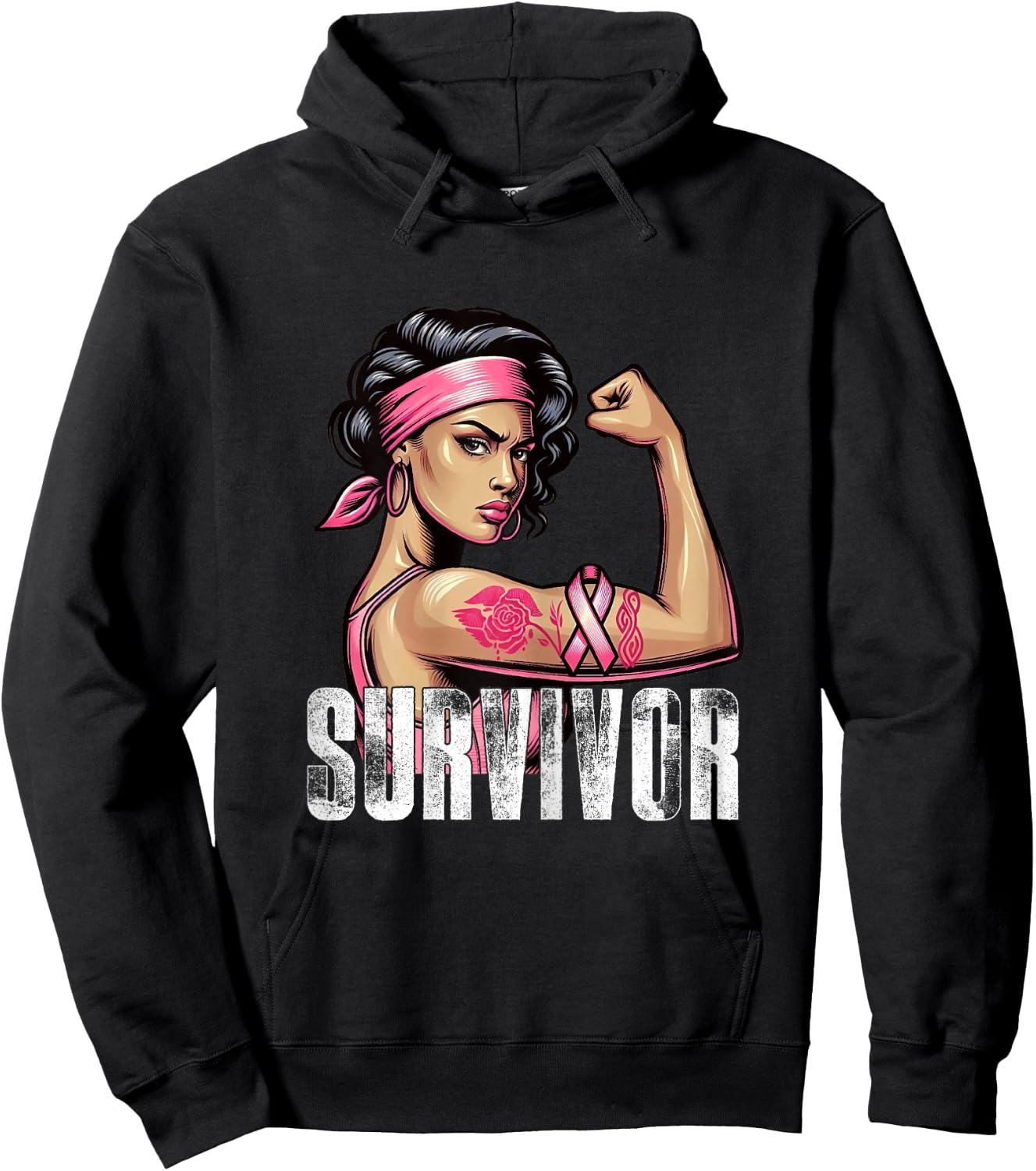 Breast Cancer Survivor Rosie Riveter Pink Awareness Women Hoodie - Hoodie | Black