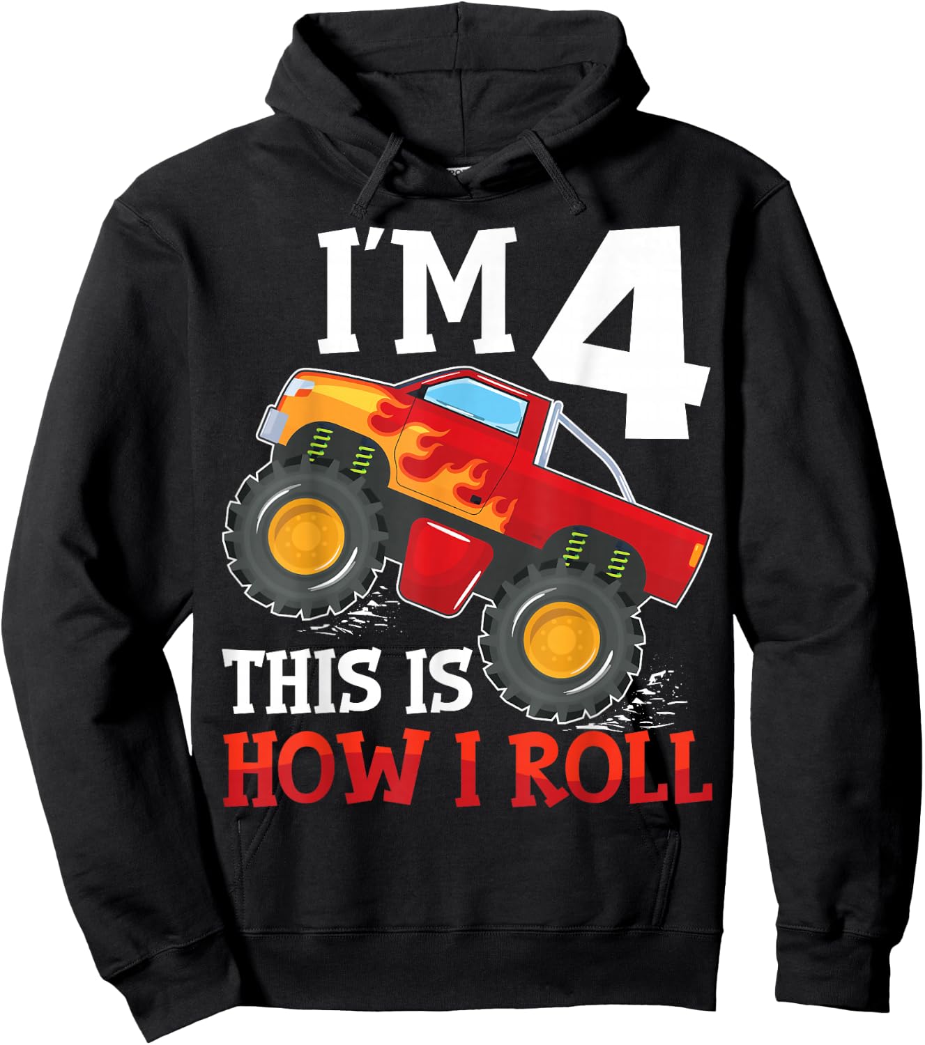Four 4yr 4th Birthday Monster Truck Boy 4 Years Old Hoodie - Hoodie | Black