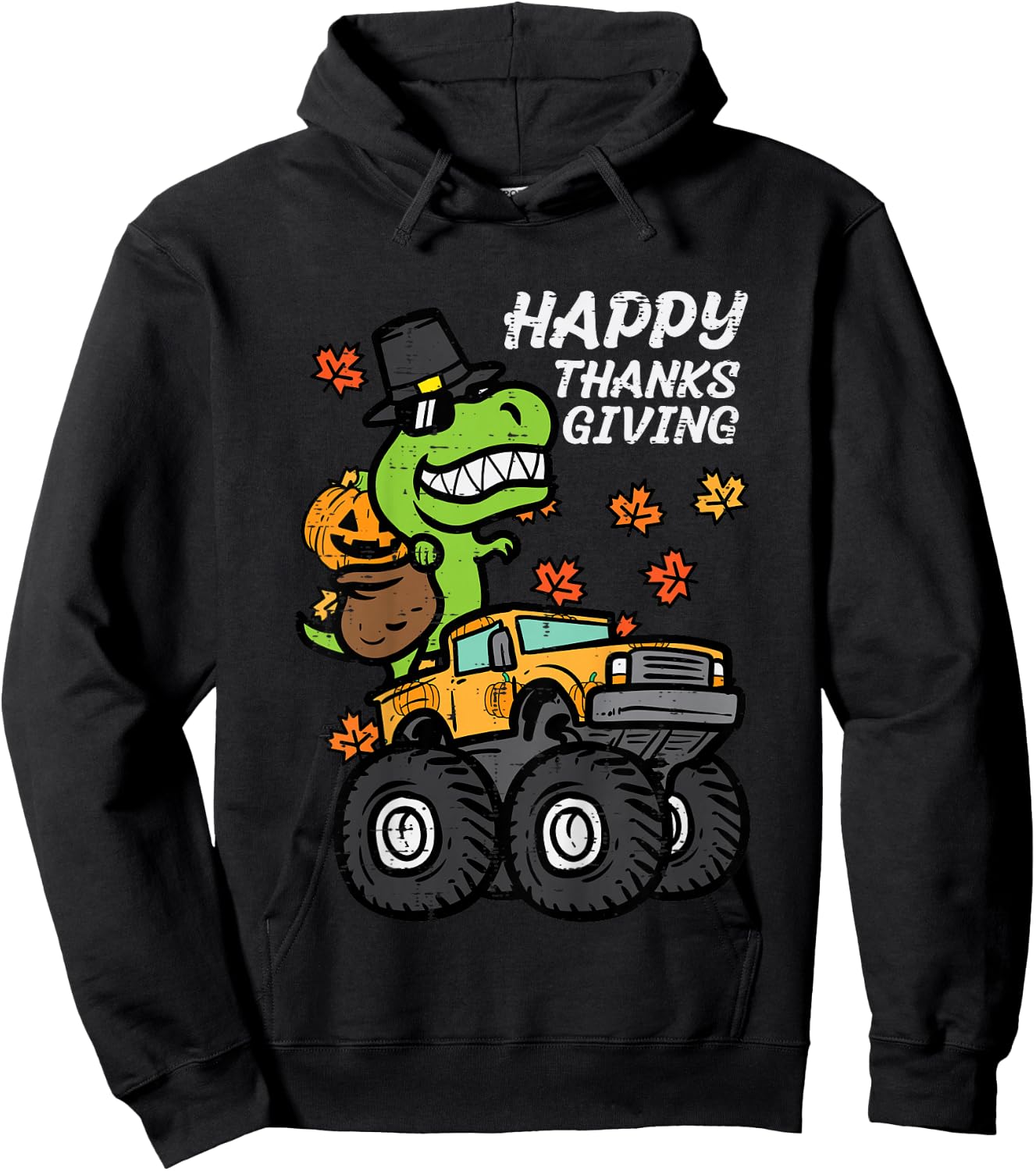 Kids Happy Thanksgiving Trex Monster Truck Fall Toddler Boys Kids Hoodie - Hoodie | Black