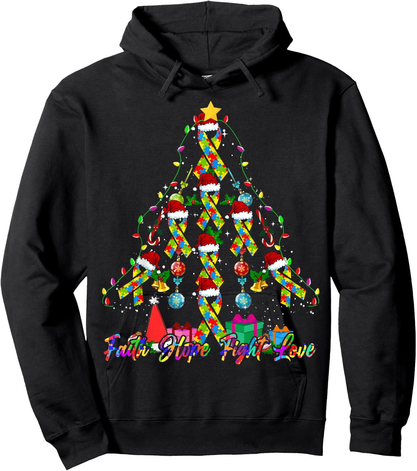 Santa Puzzle Ribbon Christmas Tree Autism Awareness Hoodie - Hoodie | Black
