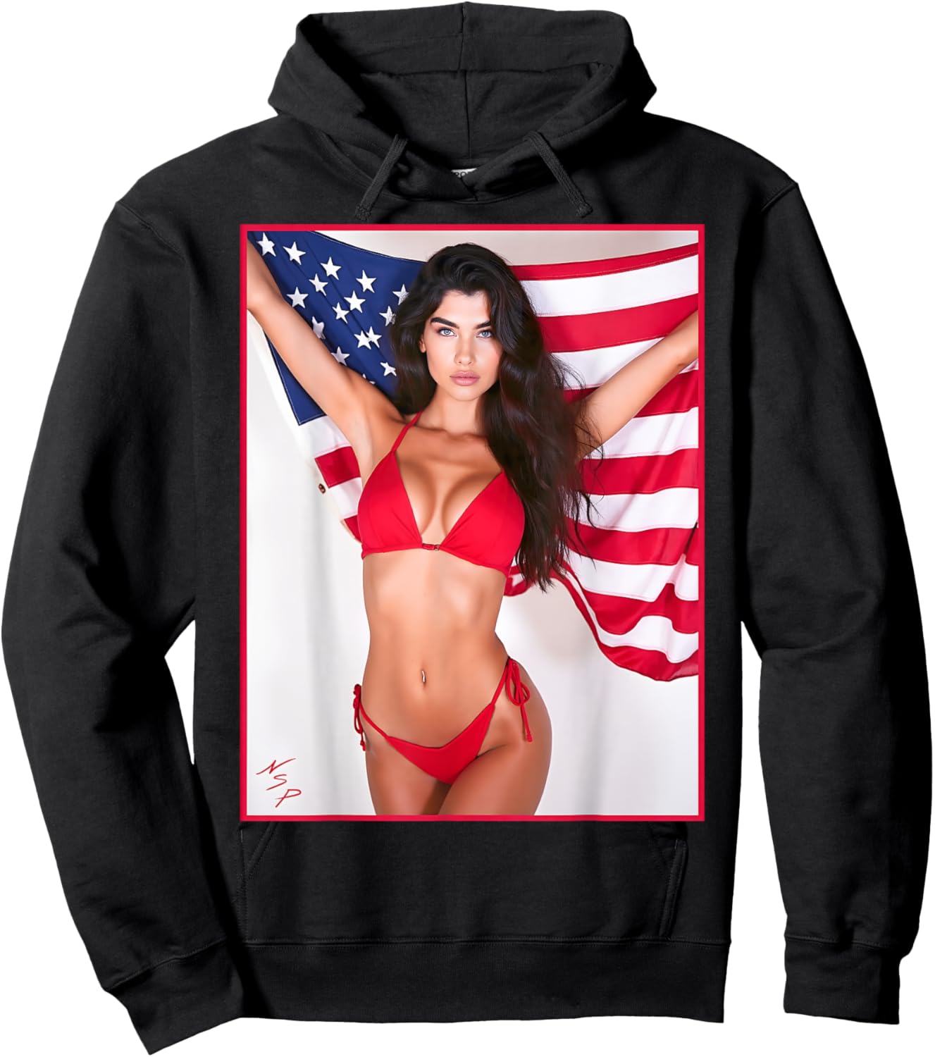 Hot Babe - Beautiful Bikini Girl with American Flag Hoodie - Hoodie | Black
