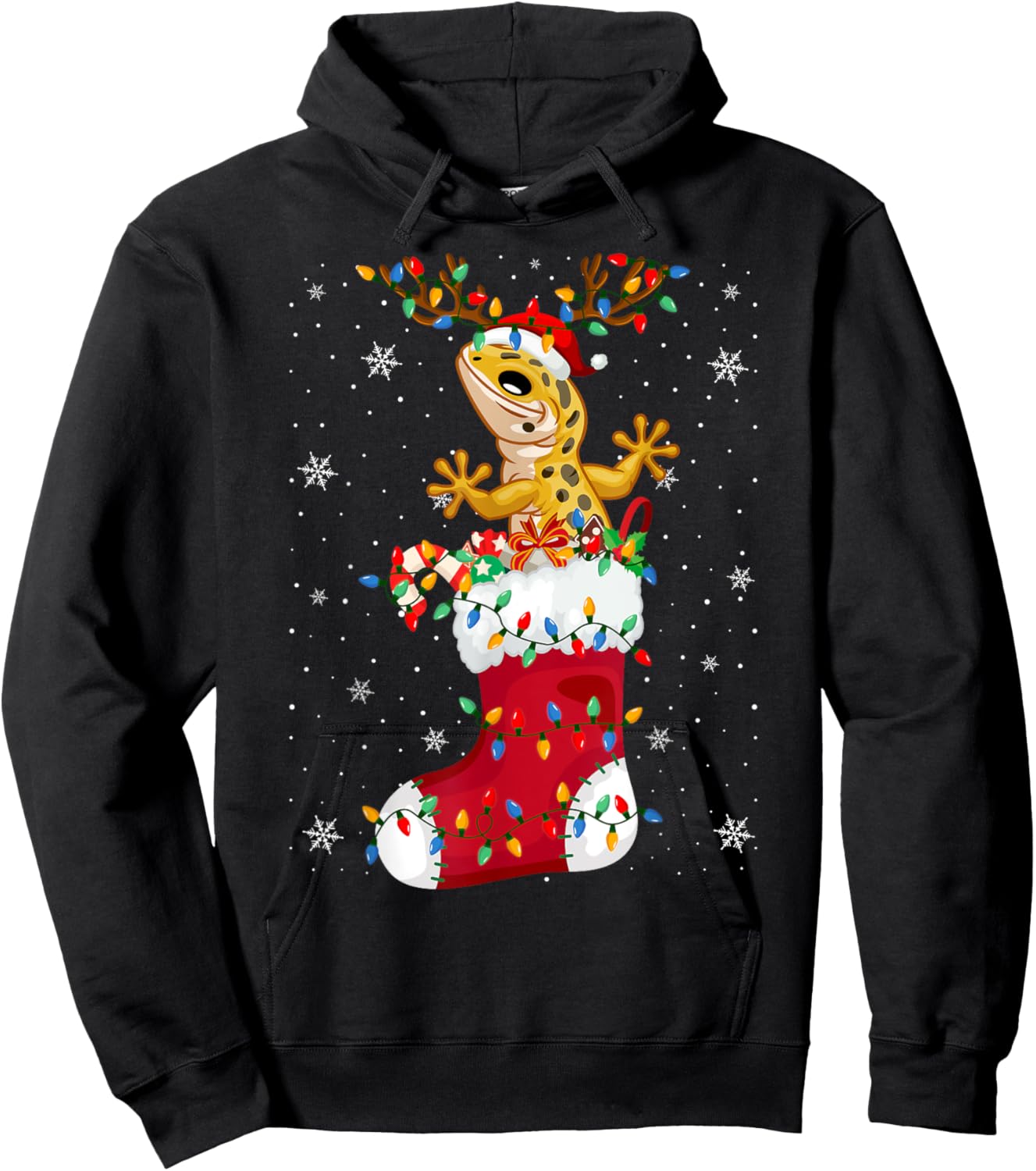 Santa Hat Leopard Gecko Animal In Socks Xmas Tree Lights Hoodie - Hoodie | Black