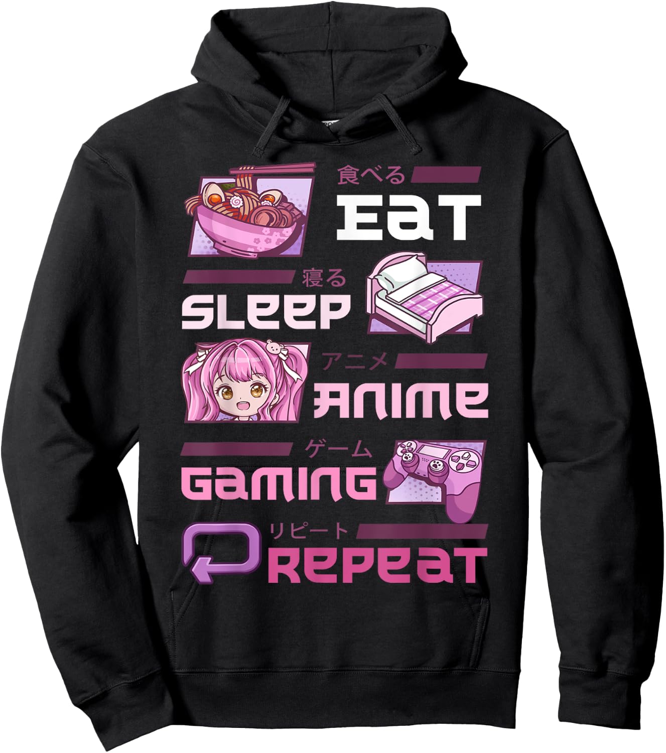 Gamer Gaming Video Games Funny Eat Sleep Anime Gaming Repeat Hoodie - Hoodie | Black