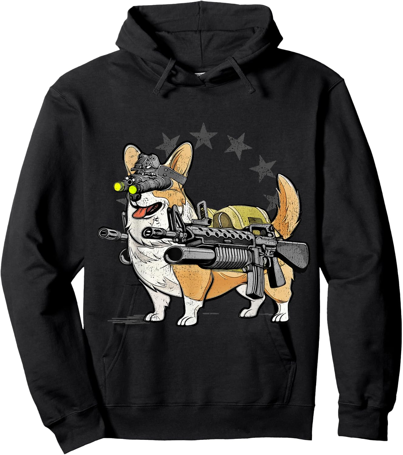 1 Nation -Adults Combat Corgi Patriotic Cartoon , Black, Small, Short Sleeve Hoodie - Hoodie | Black