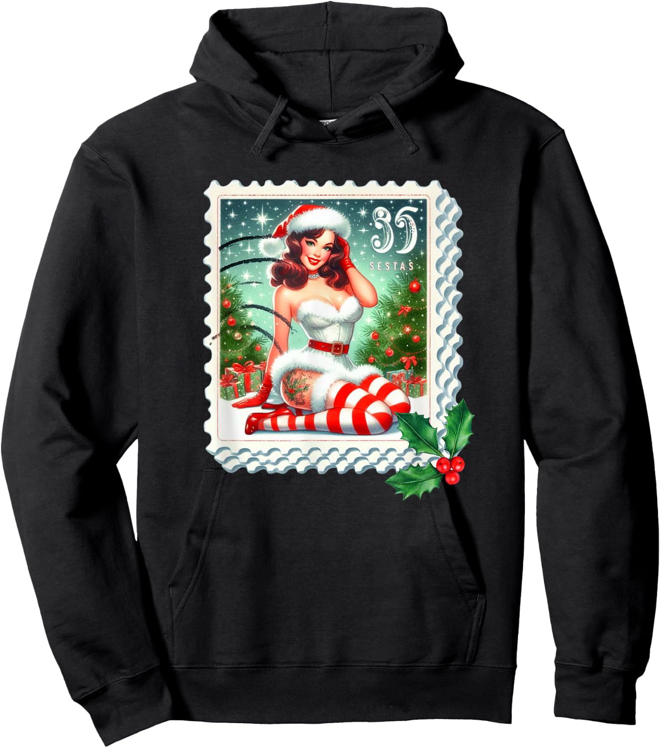 Vintage Christmas Stamp Holiday Pin Up Girl Design Hoodie - Hoodie | Black