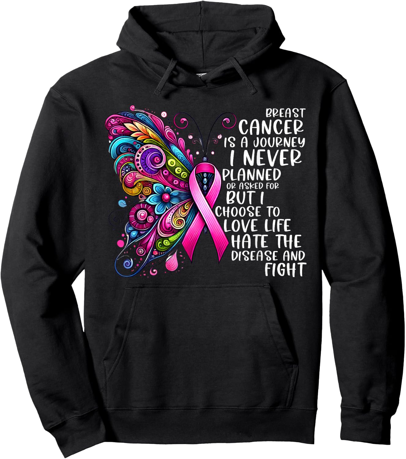 Support Fighter Warrior Pink Vibes Gifts Women Butterfly Breast Cancer Awareness Pink Ribbon Cancer Journey Hoodie - Hoodie | Black