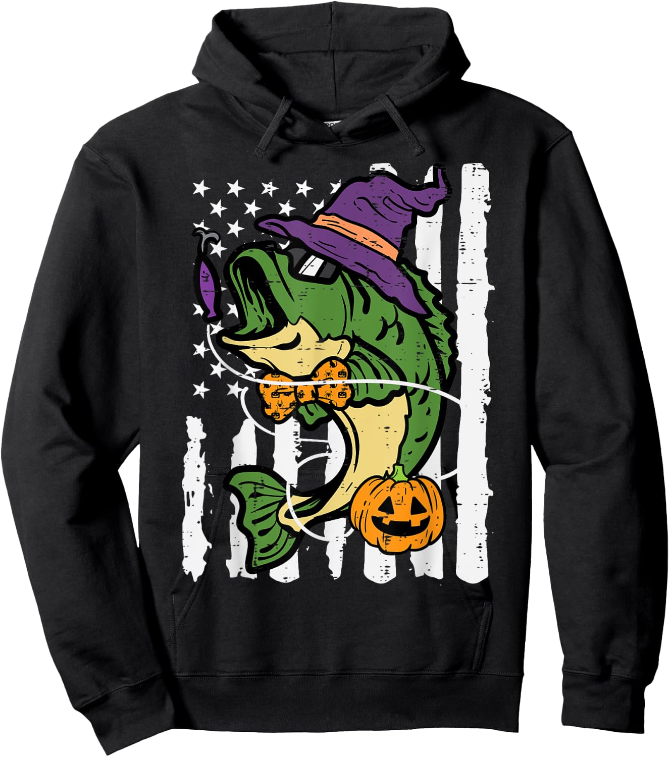 Halloween Bass Fish US Flag Costume Patriot Men Kids Women Hoodie - Hoodie | Black