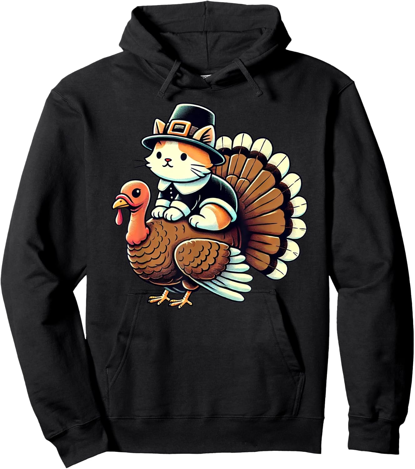 Pilgrim Cat Costume On Turkey Funny Thanksgiving Turkey Hoodie - Hoodie | Black