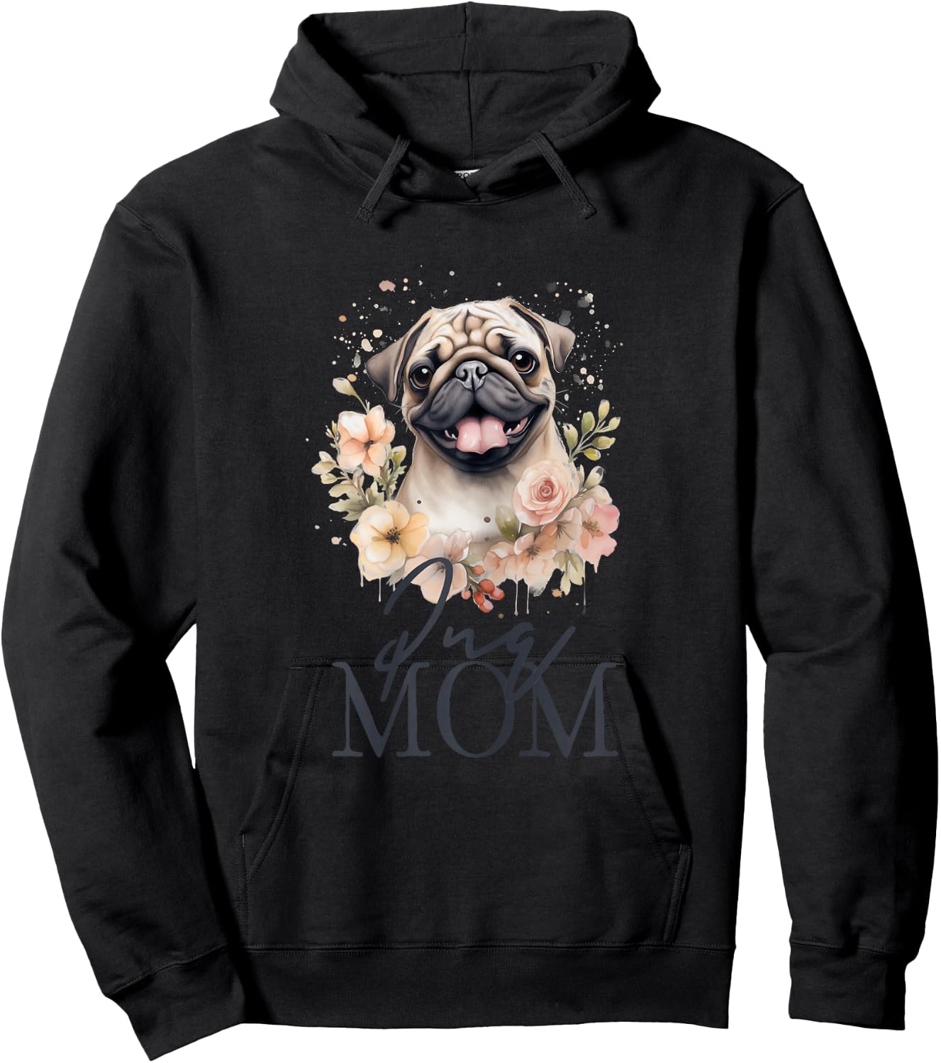 Pug Mom Cute Vintage Flowers Floral Dog Mom Hoodie - Hoodie | Black