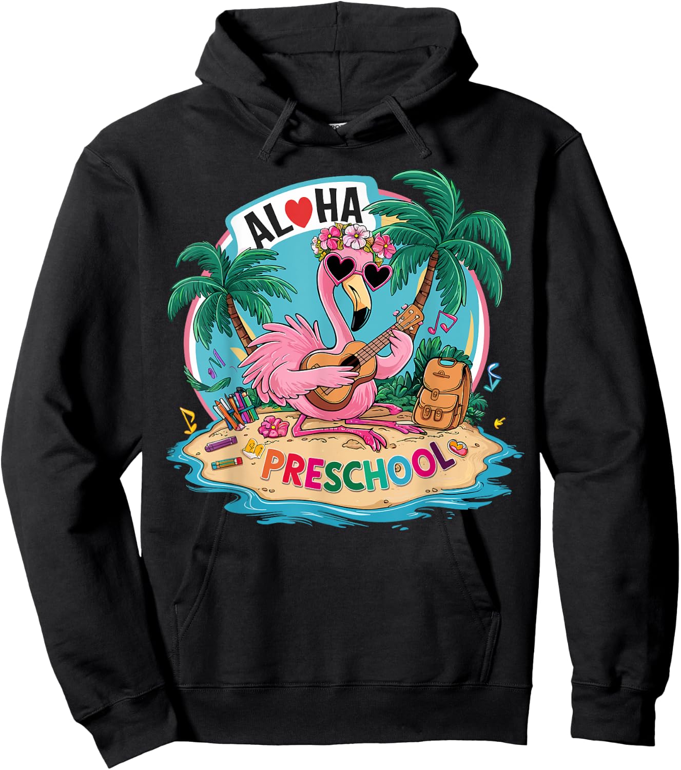 Aloha Preschool Flamingo Hawaii Back to School Kids Girl Hoodie - Hoodie | Black