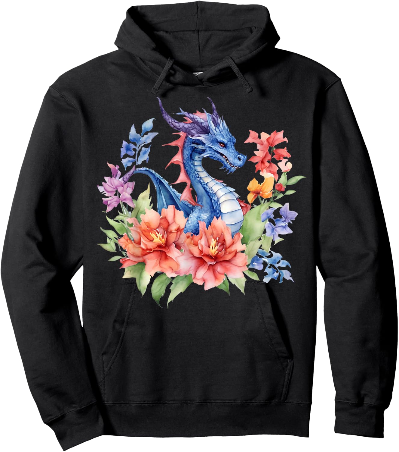 Watercolor Dragon Flowers Beautiful Art Colorful Graphic Hoodie - Hoodie | Black