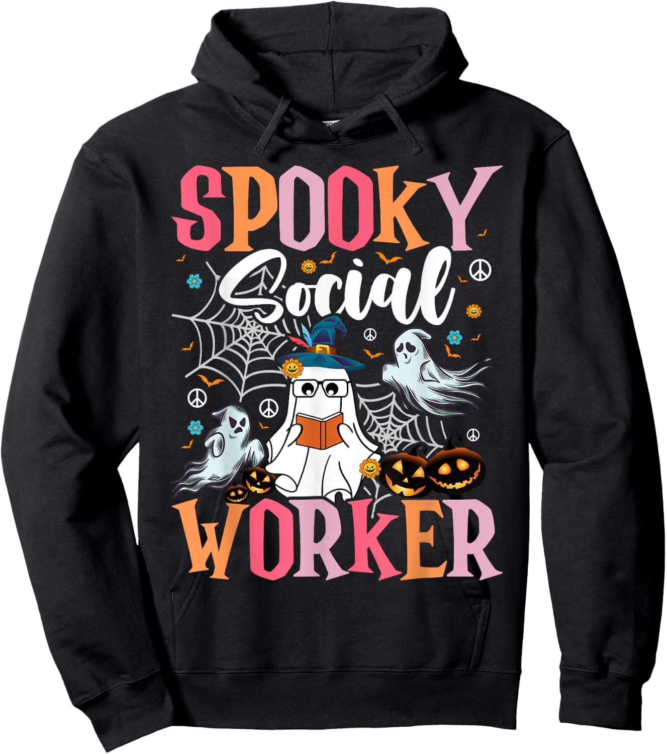 Groovy Retro Ghost Spooky Social Worker Halloween Costume Hoodie - Hoodie | Black
