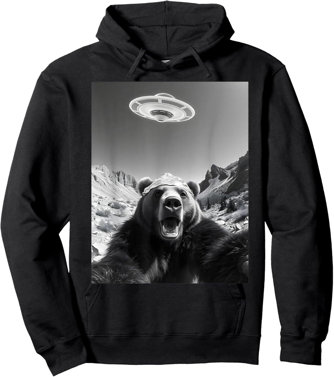 Bear Selfie With UFO Hilarious Alien Encounter Meme Hoodie - Hoodie | Black