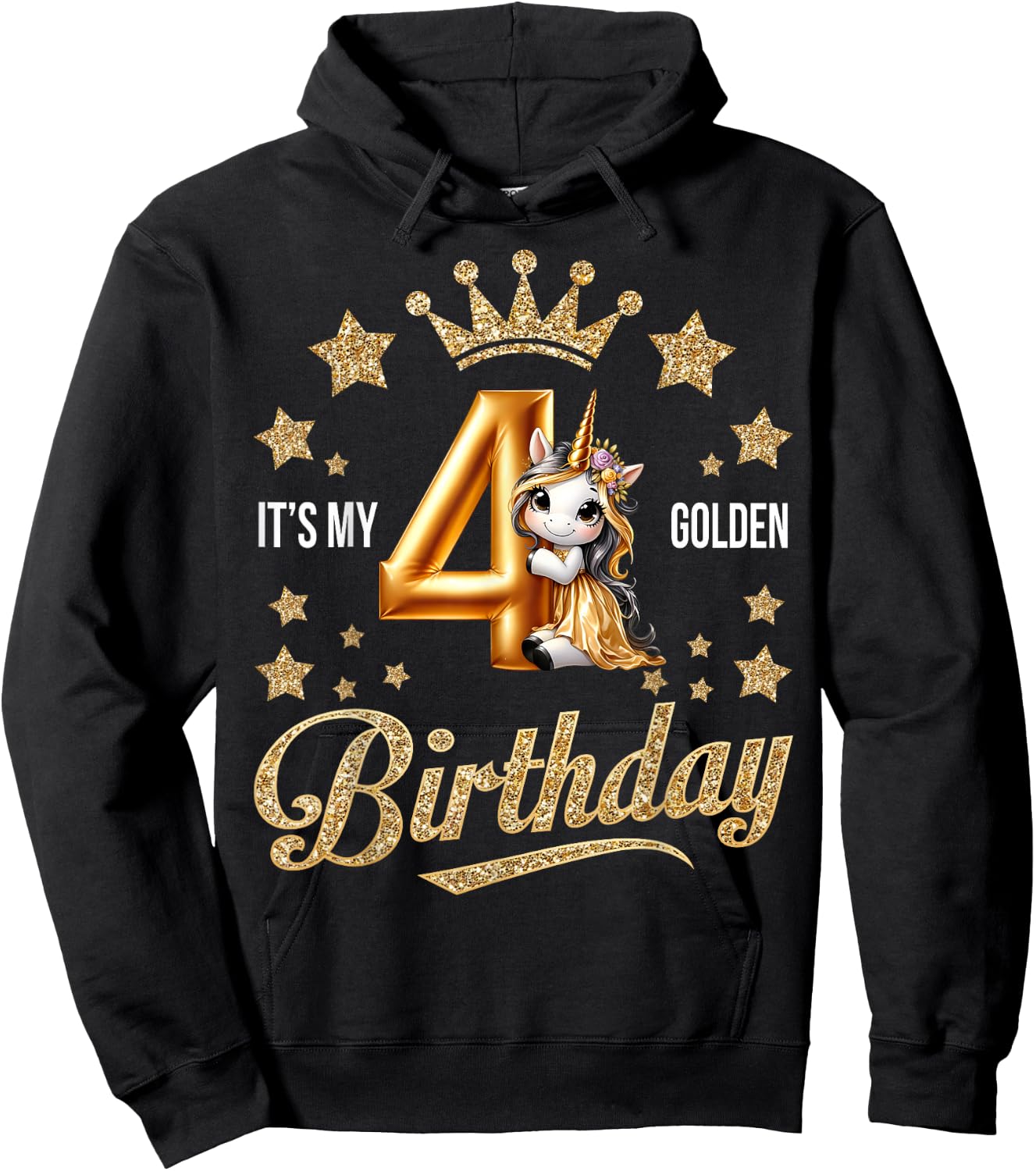 It's My 4th Golden Birthday 4 Year Old Bday Kids Groovy Hoodie - Hoodie | Black