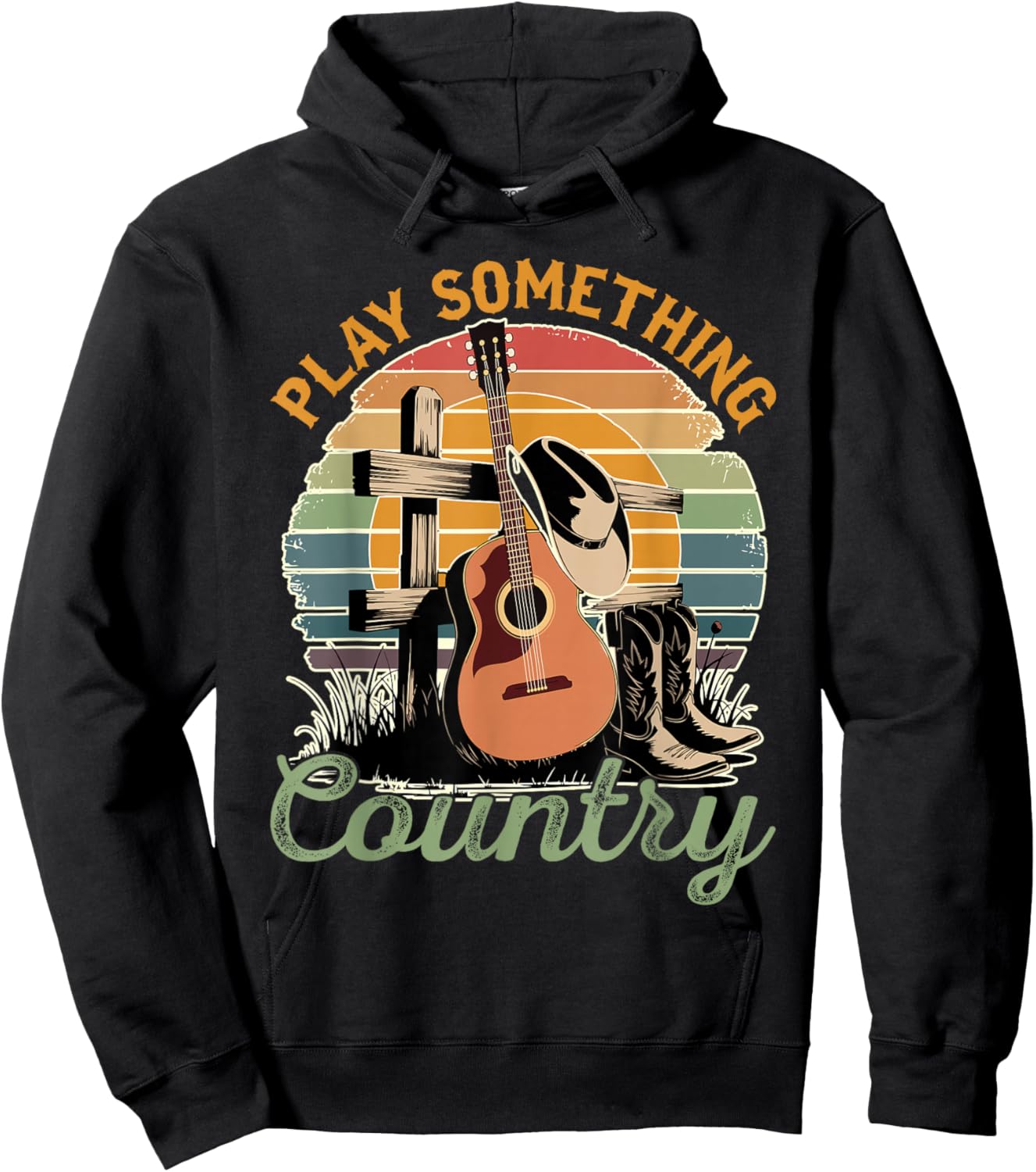Funny Loves Country Music Country Music Festival Play Something Country -Adults Black Small Modern Classic U-Neck Short Sleeve Hoodie - Hoodie | Black