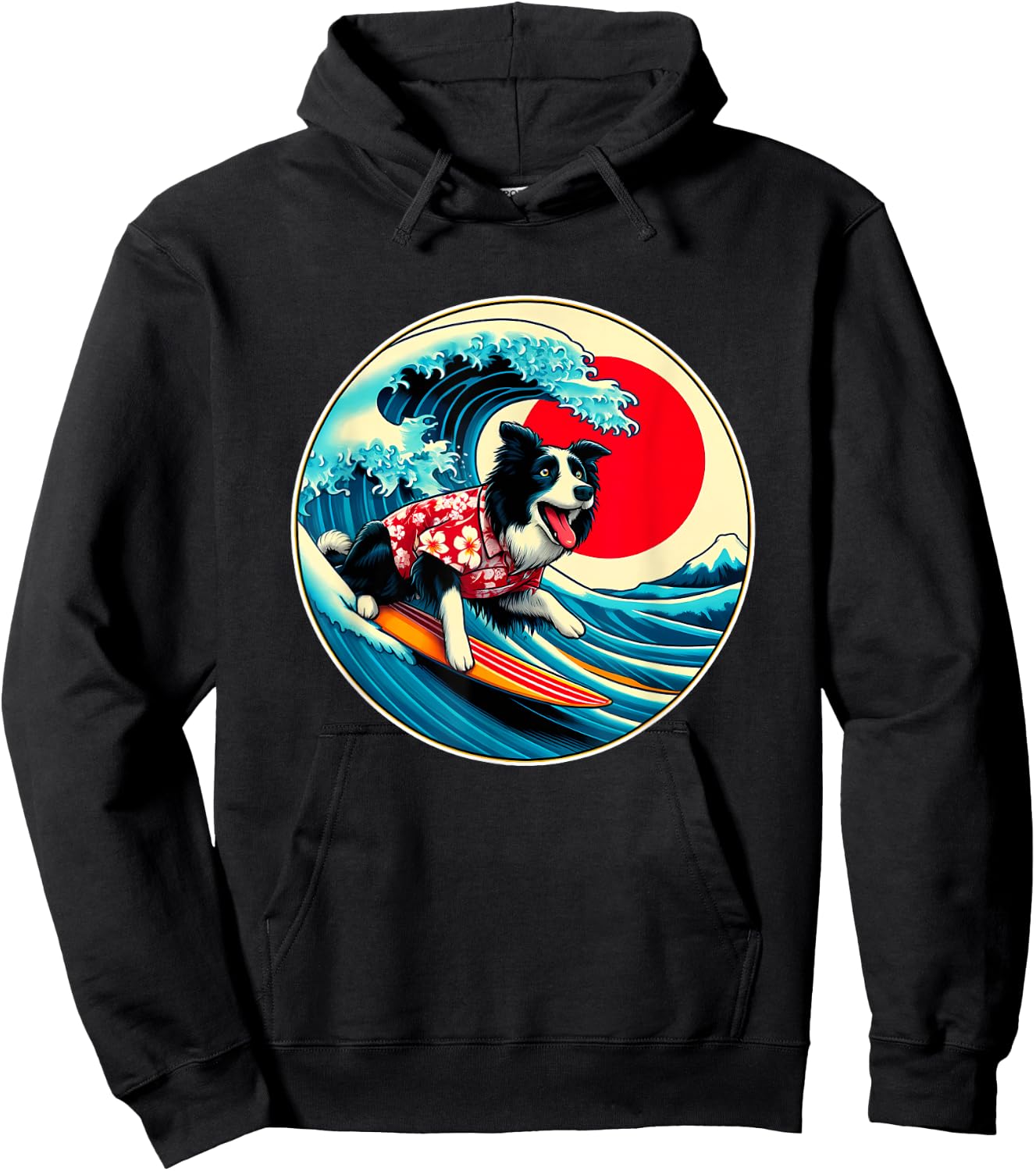 Great Wave Kanagawa Border Collie dog Surfing Women Kids Hoodie - Hoodie | Black