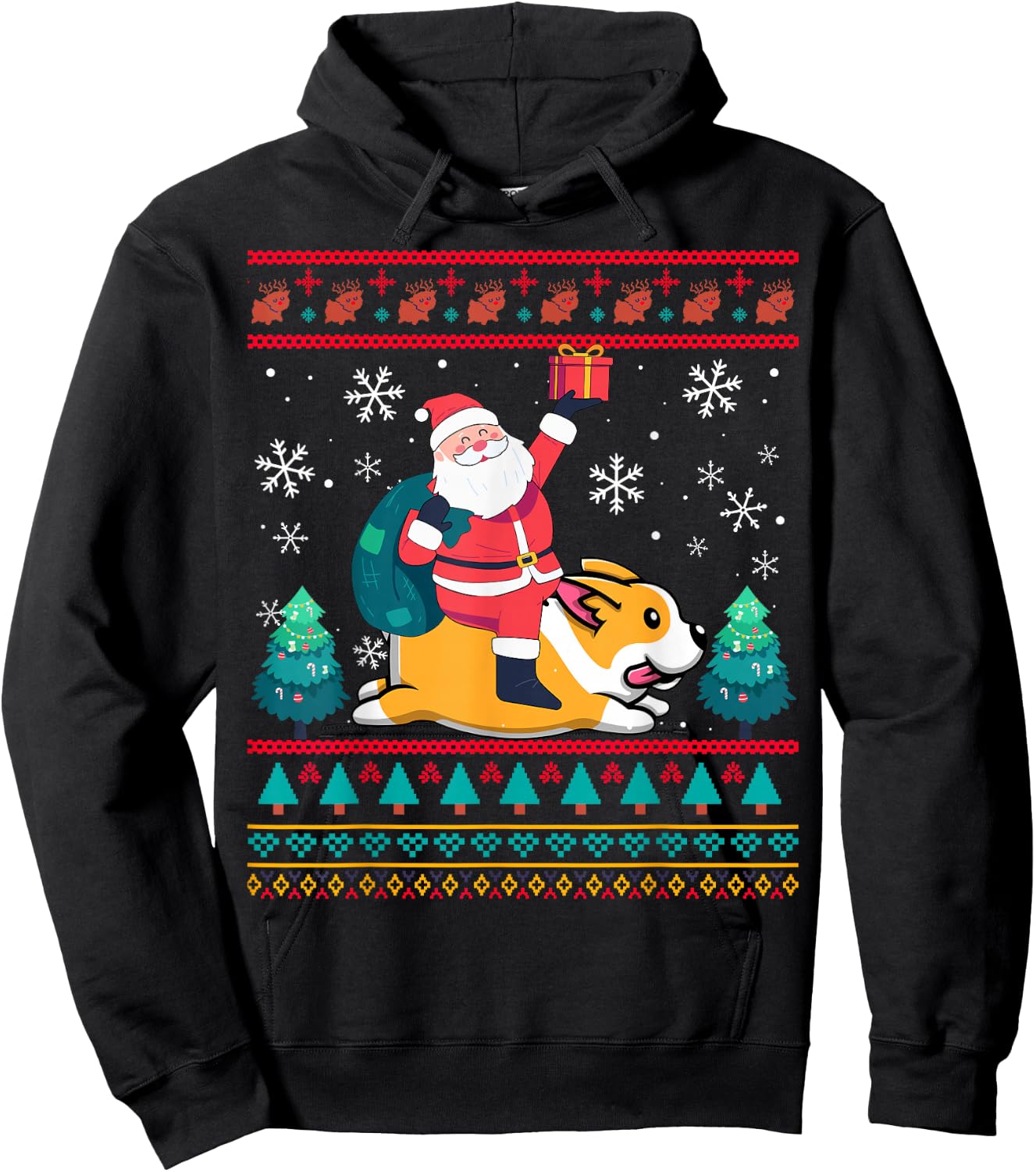 Xmas Sweater Ugly Santa Riding Corgi Dog Christmas Women Kids Hoodie - Hoodie | Black