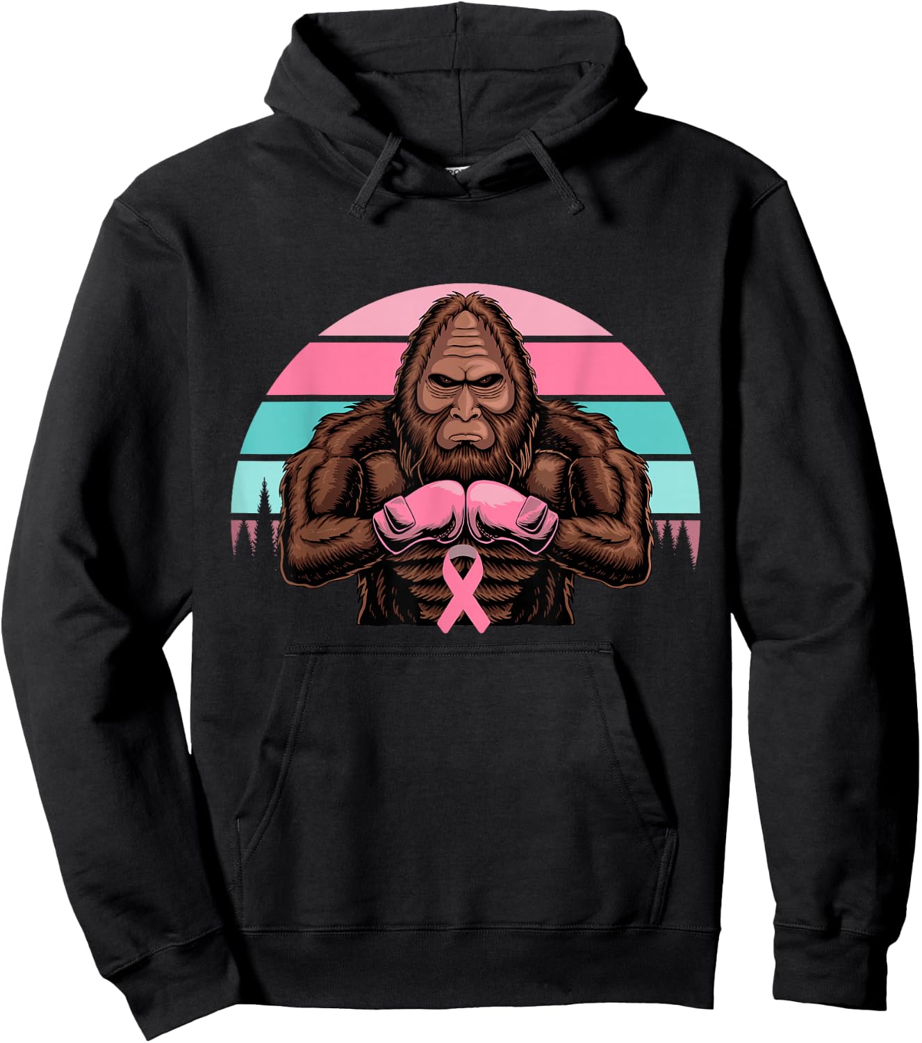Bigfoot Boxing Pink Ribbon Breast Cancer Awareness Retro Hoodie - Hoodie | Black