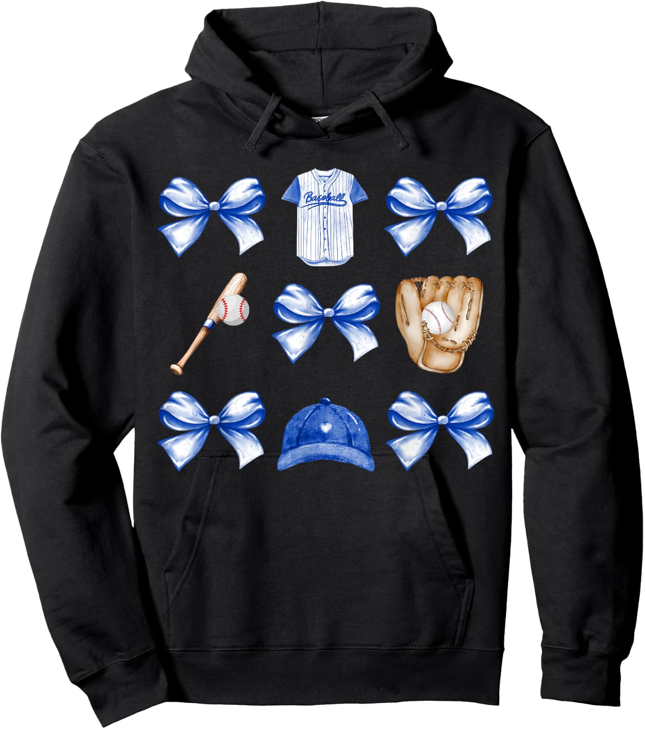 Baseball Game Day Blue Coquette Bow Baseball Mom Retro Hoodie - Hoodie | Black