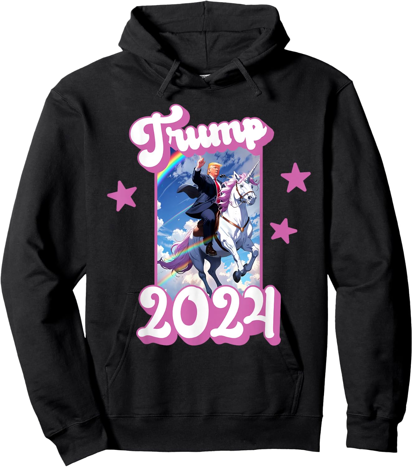 Funny Donald Trump Riding an Unicorn. Pink Trump 2024 Girl Hoodie - Hoodie | Black