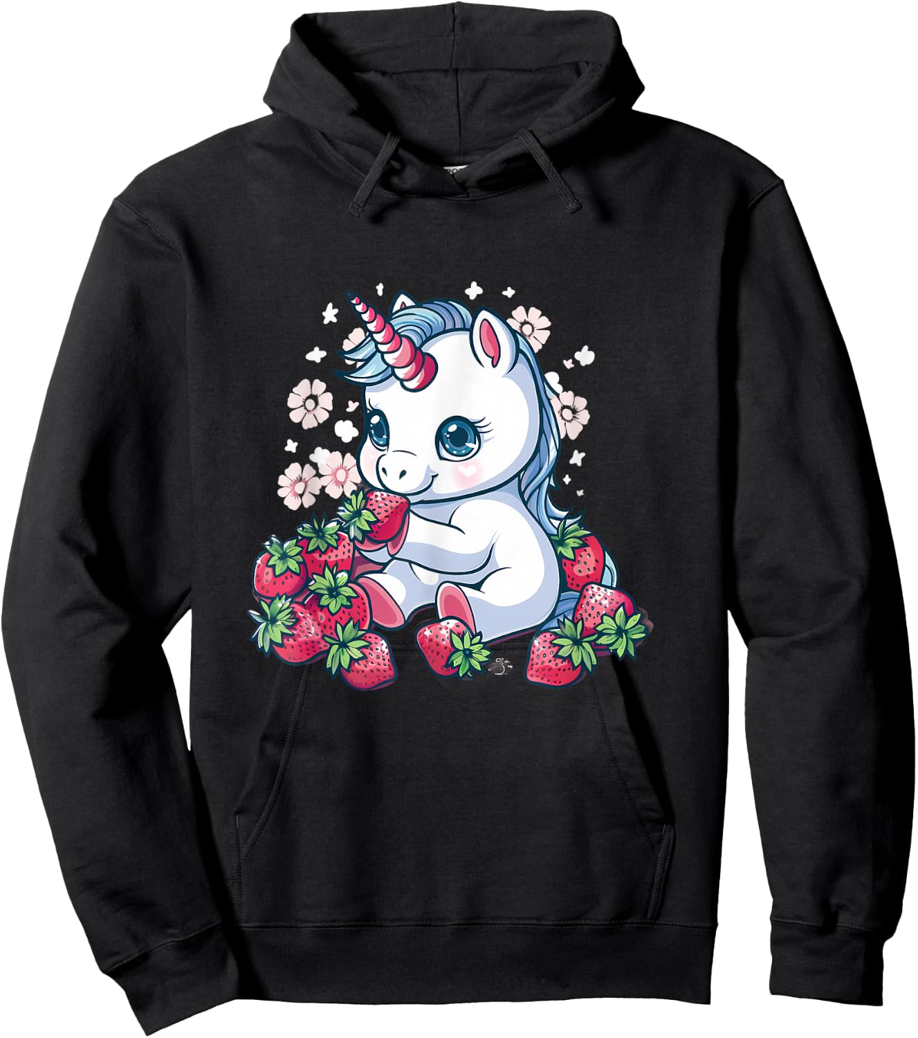 Strawberry Unicorn Cute Floral Strawberries Animal Print Hoodie - Hoodie | Black