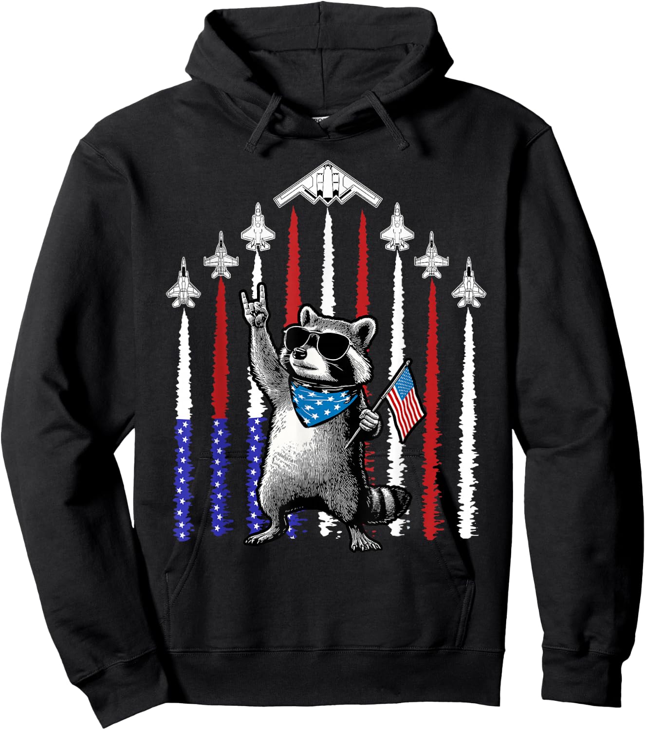 4th of July USA Flag Fighter Jets Raccoon Funny Patriotic Hoodie - Hoodie | Black
