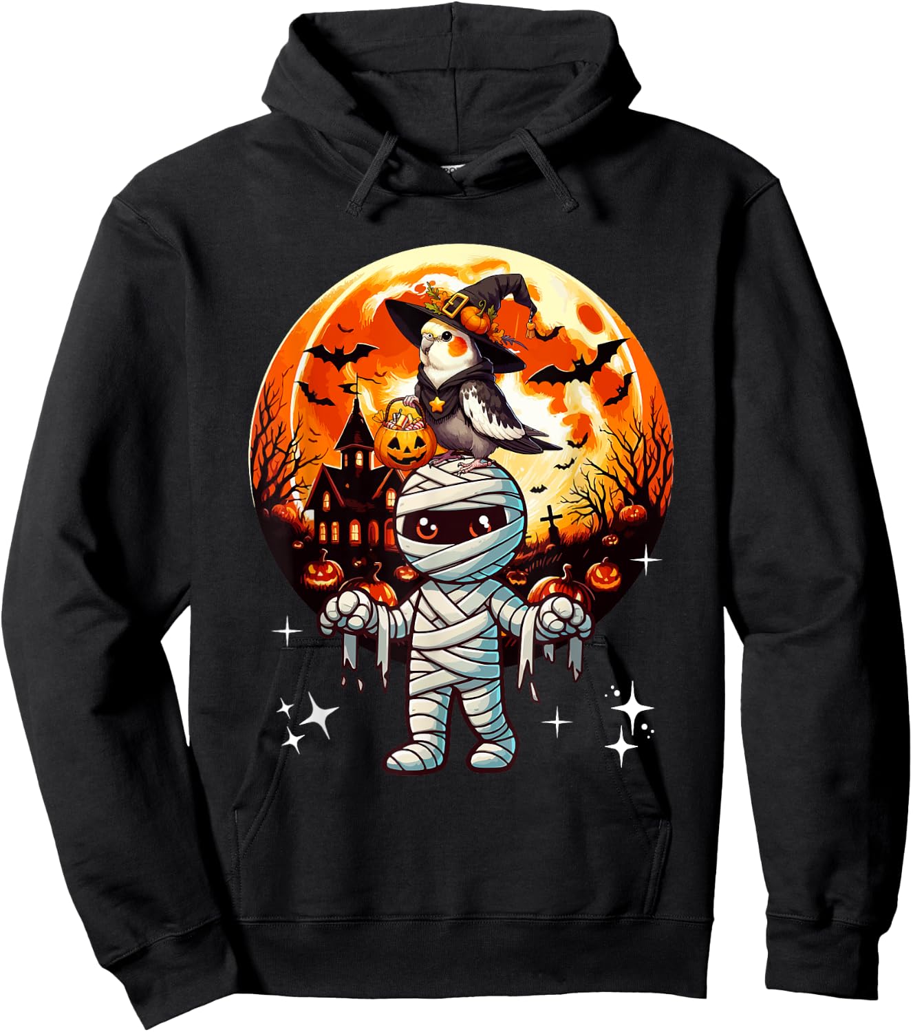 Cockatiel As Witch On Mummy Halloween Candies Basket Pumpkin Hoodie - Hoodie | Black