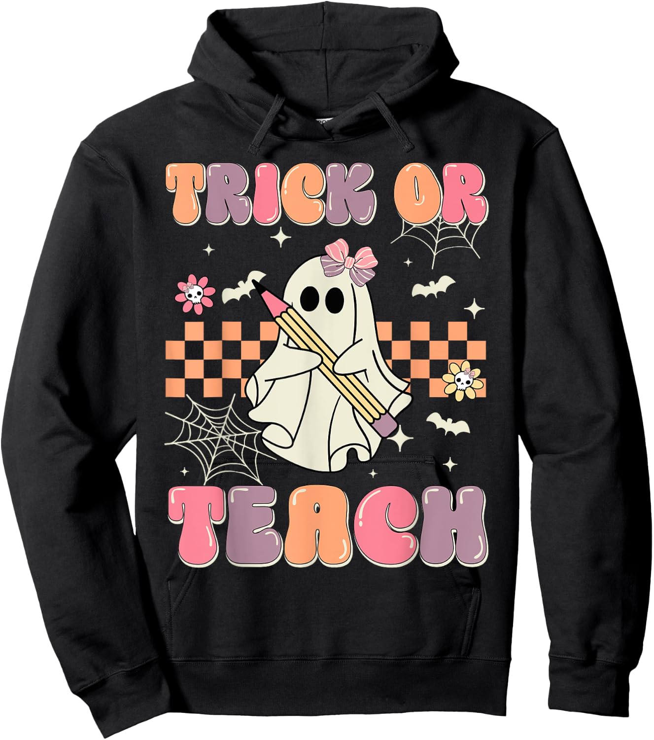Funny Halloween Teachers Trick Or Teach Groovy Ghost Women Kids Hoodie - Hoodie | Black