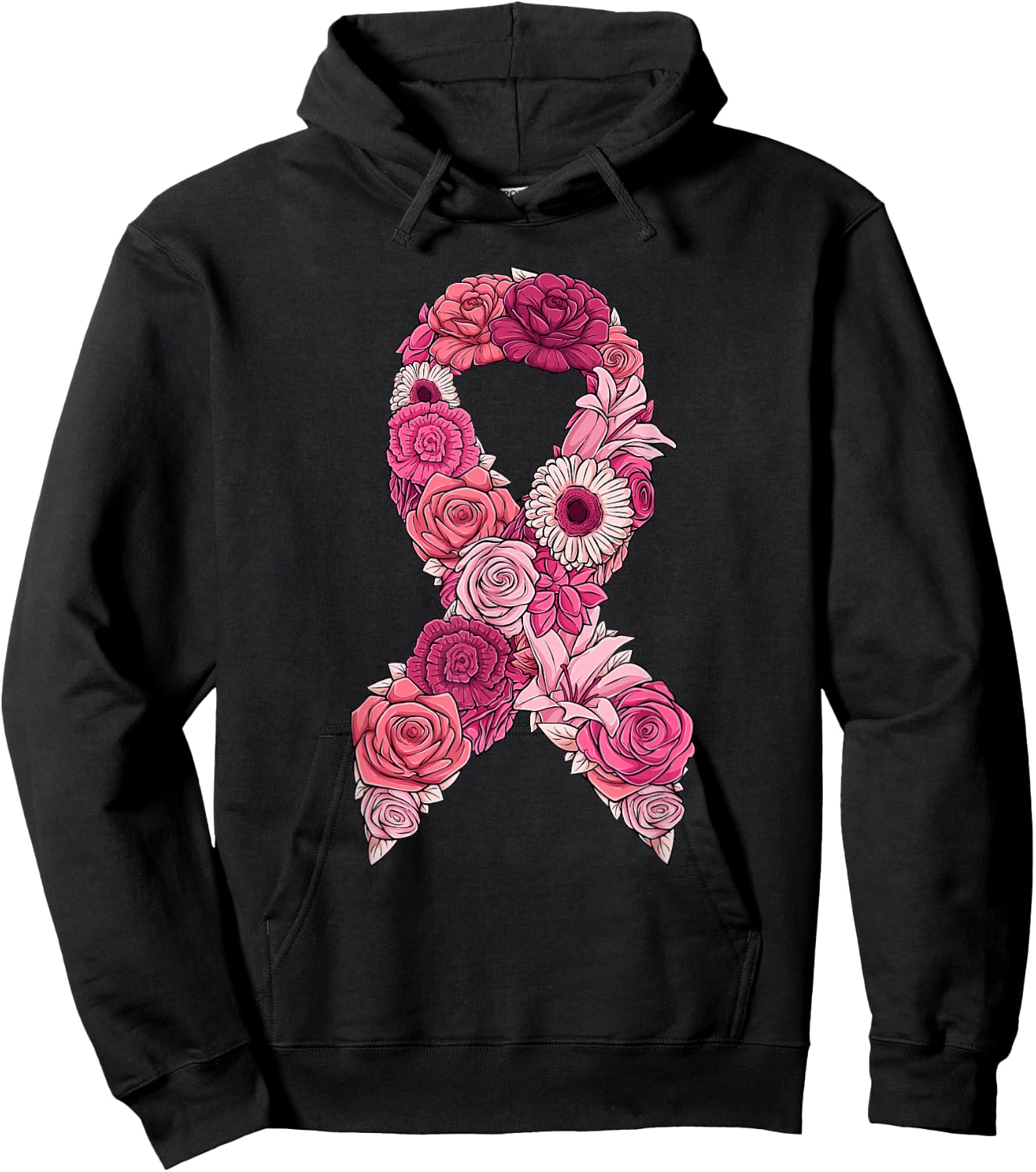 Pink Ribbon With Flowers Breast Cancer Awareness Hoodie - Hoodie | Black